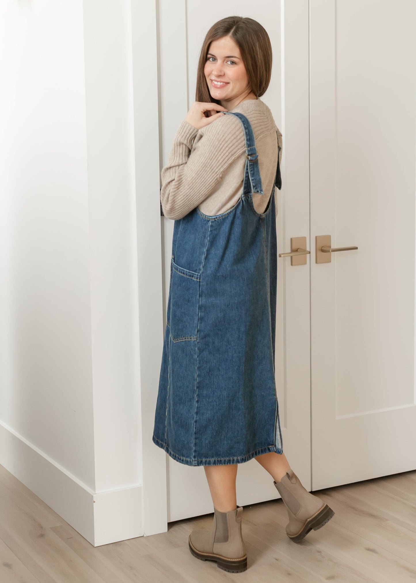 Denim V-neck Overall Midi Dress FF Dresses
