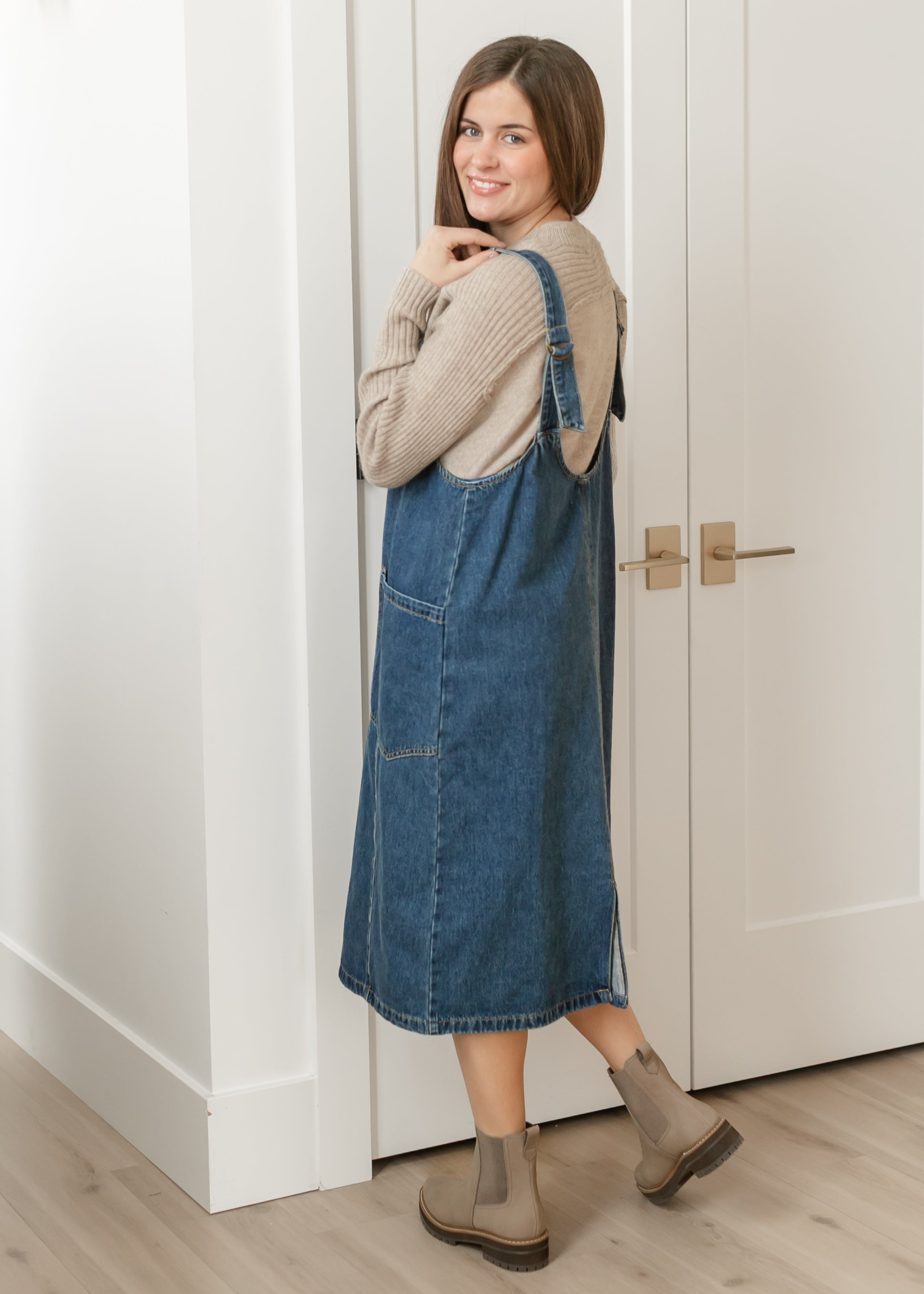Denim V-neck Overall Midi Dress