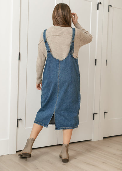Denim V-neck Overall Midi Dress FF Dresses