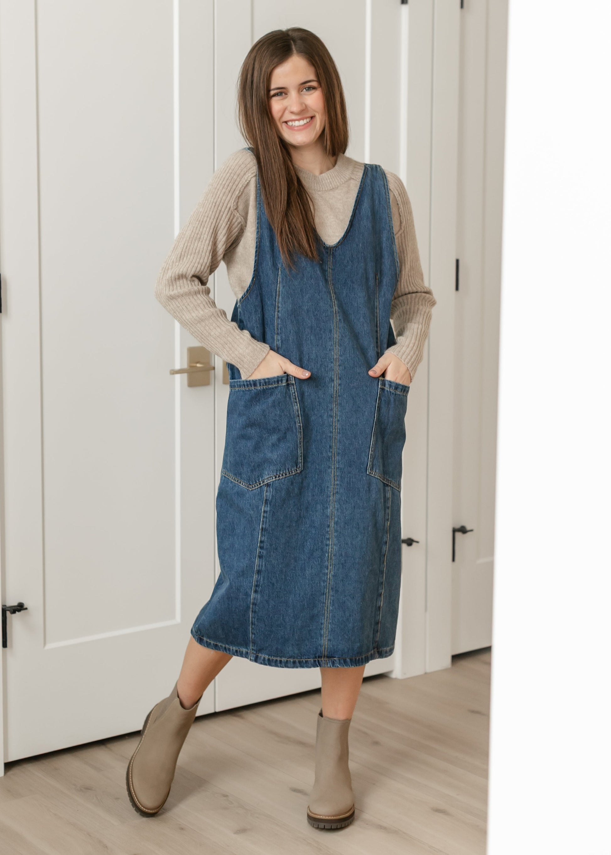 Denim V-neck Overall Midi Dress