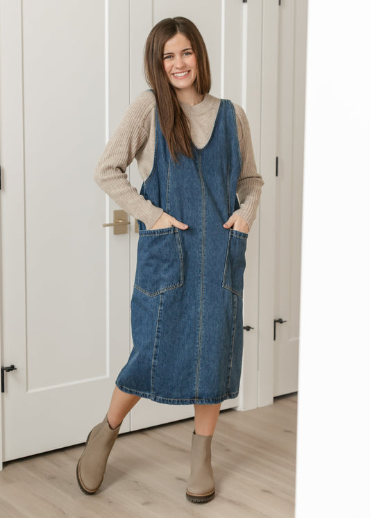 Denim V-neck Overall Midi Dress FF Dresses