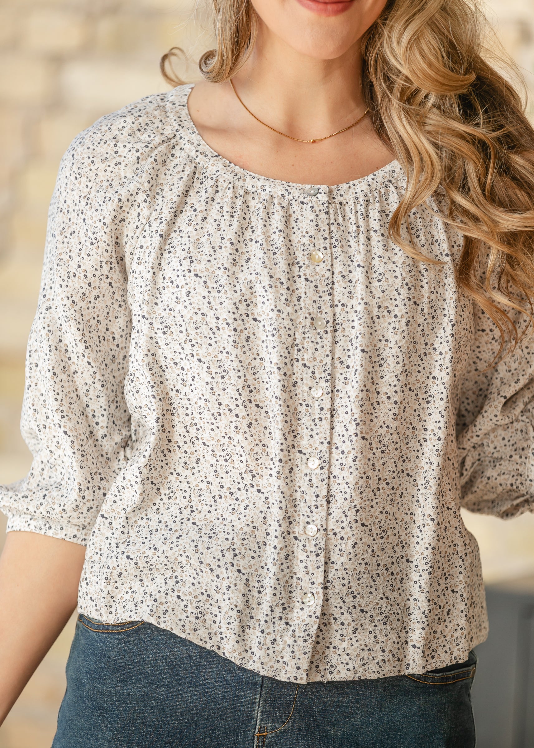 Ditsy Button Front Peasant Top FF Tops