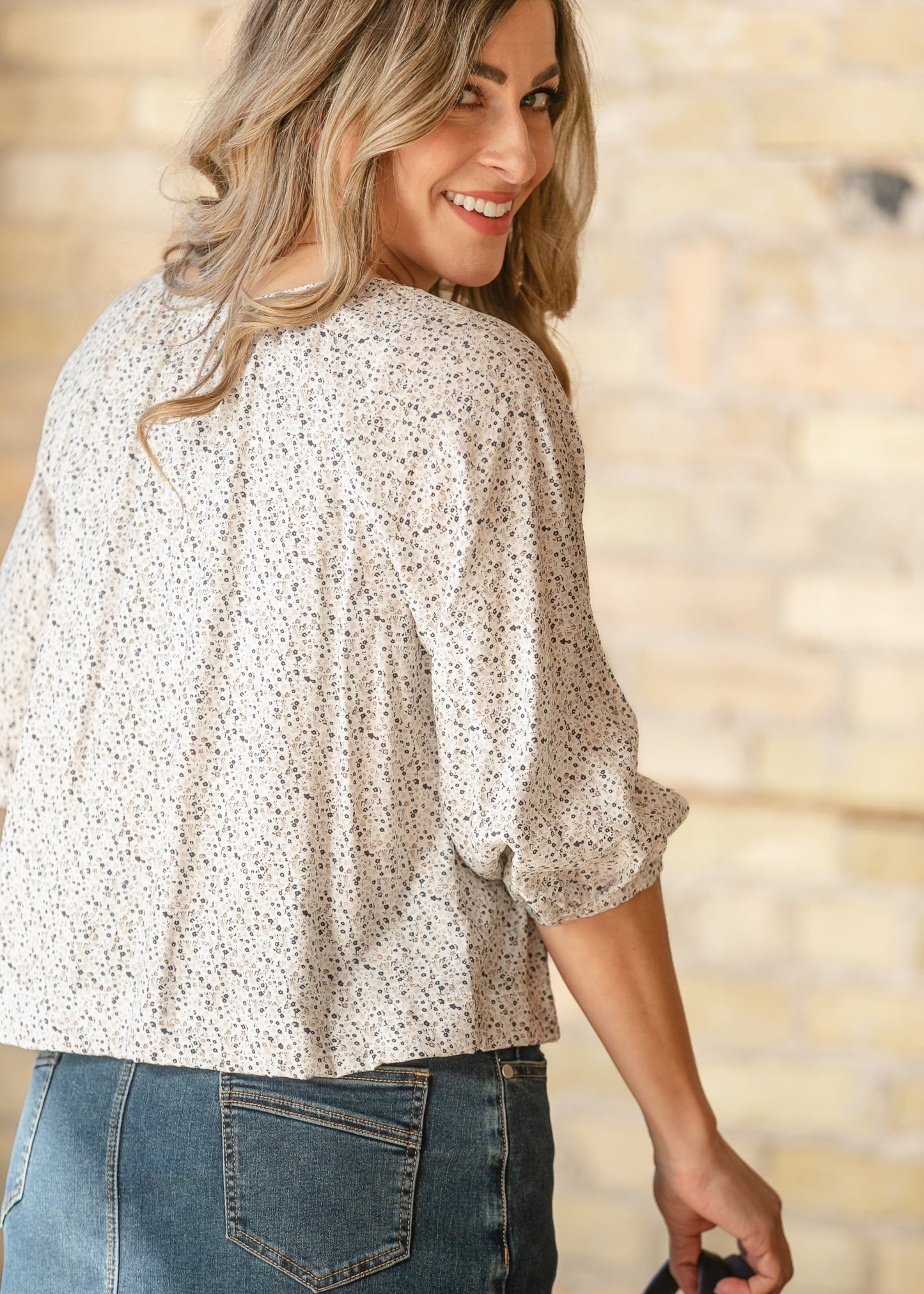 Ditsy Button Front Peasant Top FF Tops