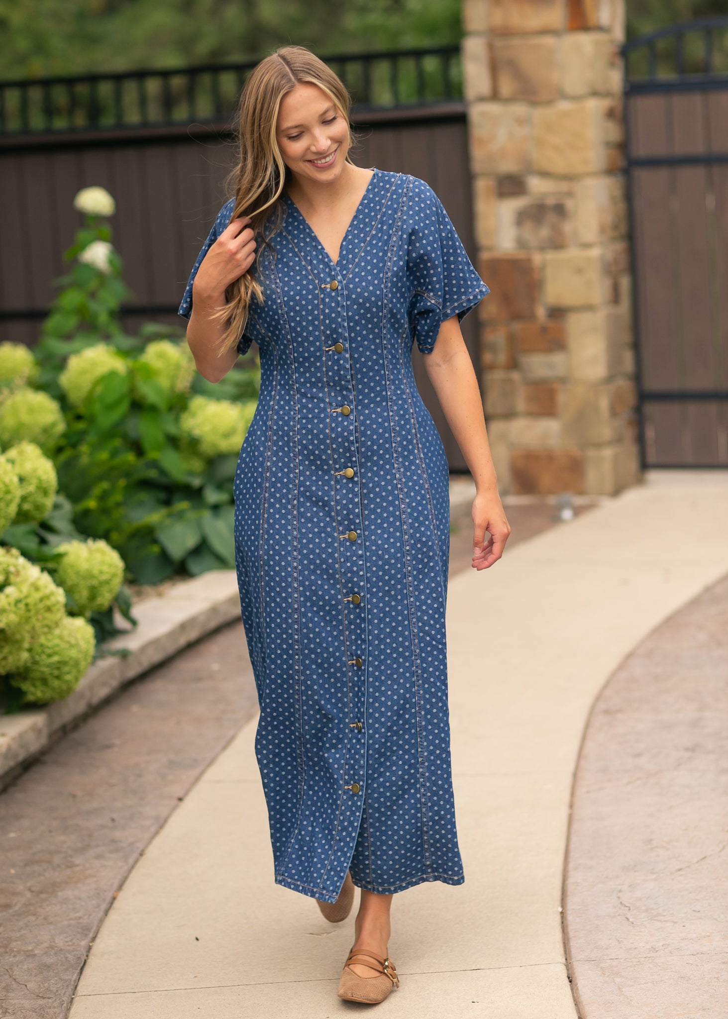 Dot Print Button Front Denim Dress FF Dresses