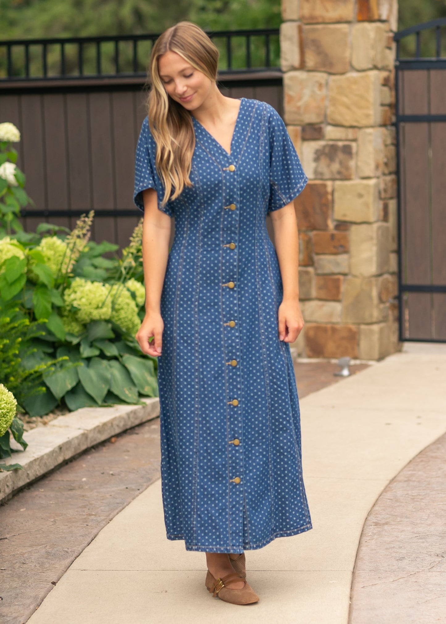 Dot Print Button Front Denim Dress FF Dresses