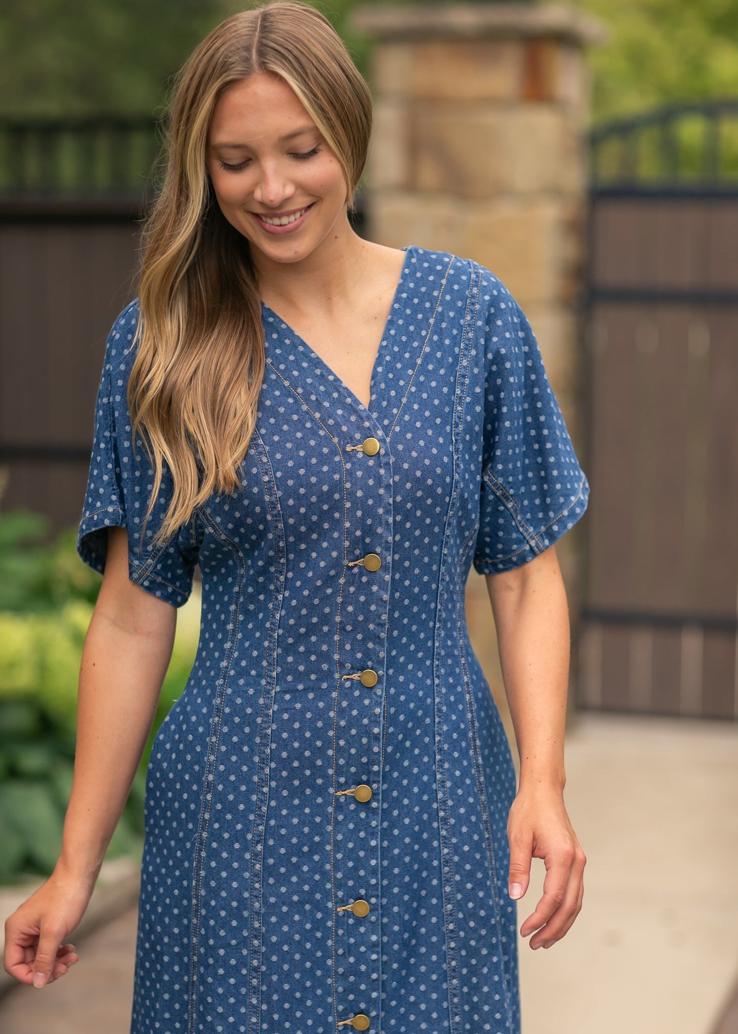 Dot Print Button Front Denim Dress FF Dresses