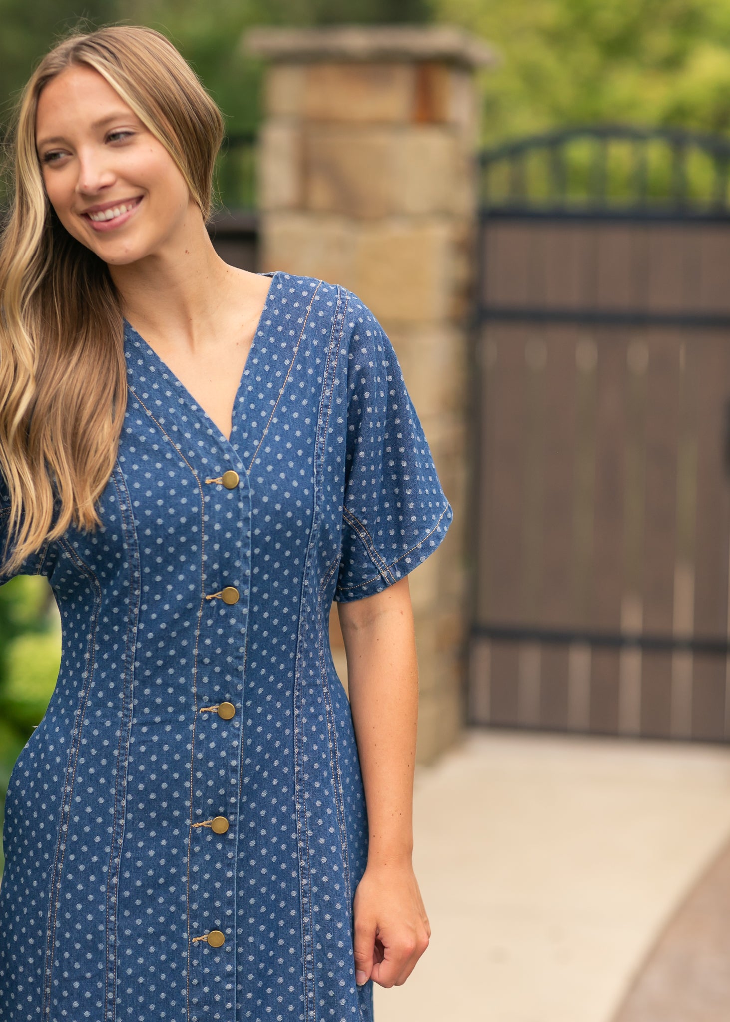 Dot Print Button Front Denim Dress FF Dresses