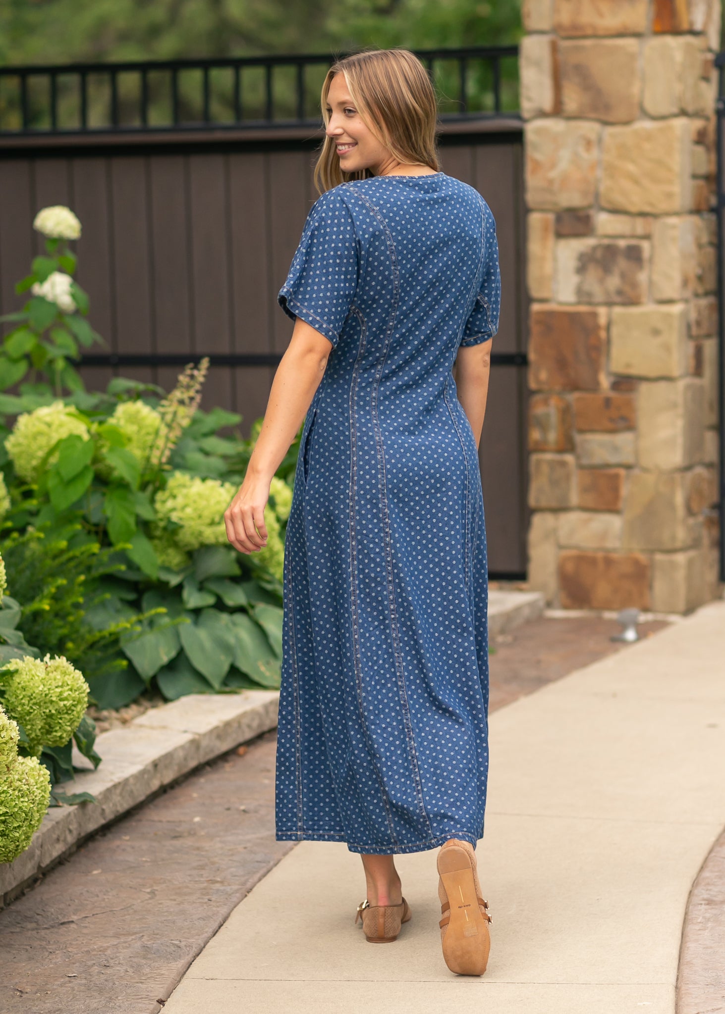 Dot Print Button Front Denim Dress FF Dresses