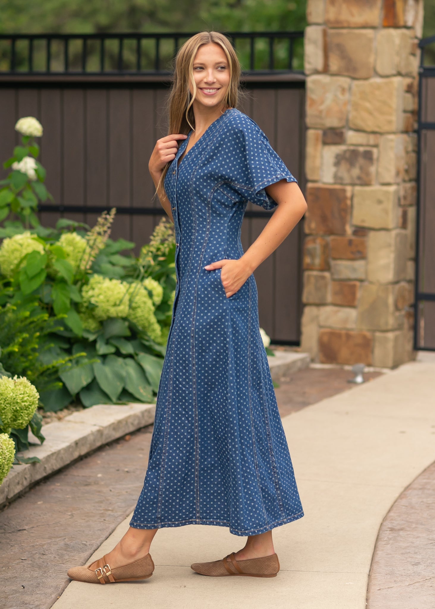 Dot Print Button Front Denim Dress FF Dresses