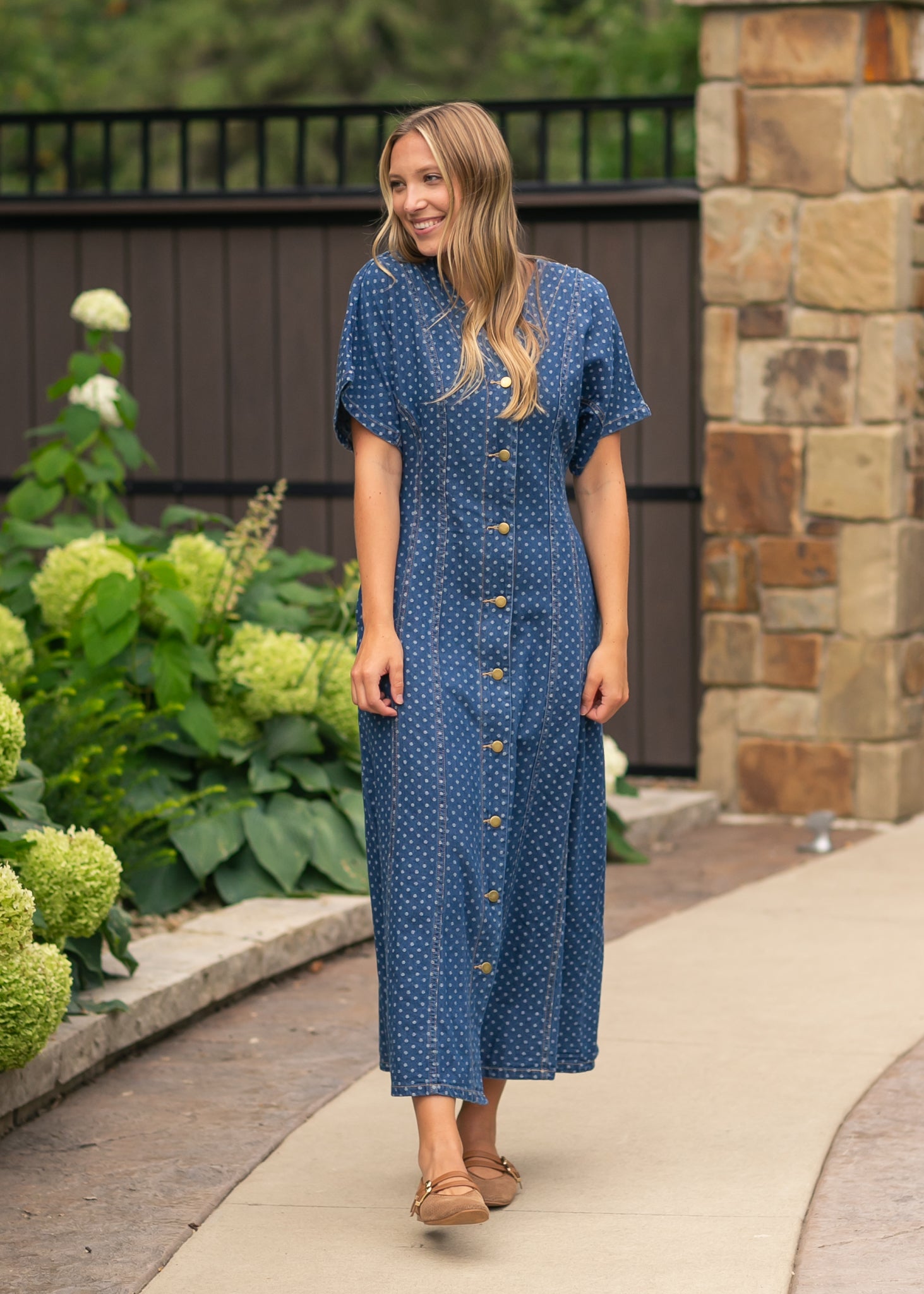 Dot Print Button Front Denim Dress FF Dresses