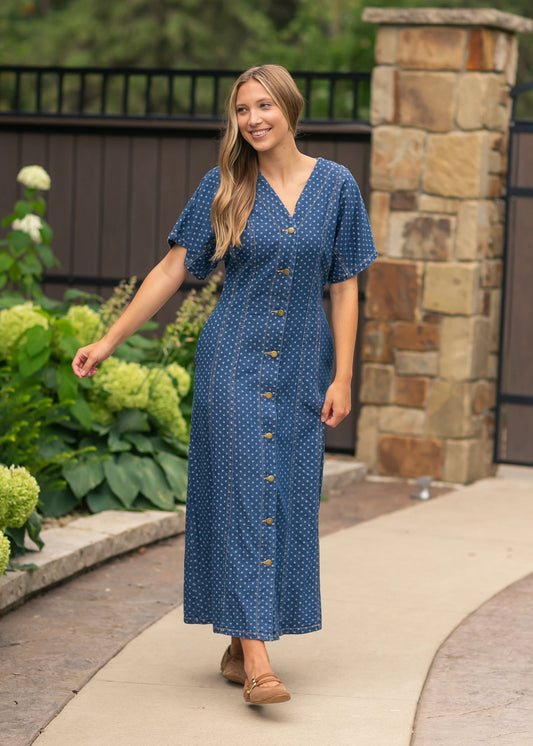 Dot Print Button Front Denim Dress FF Dresses