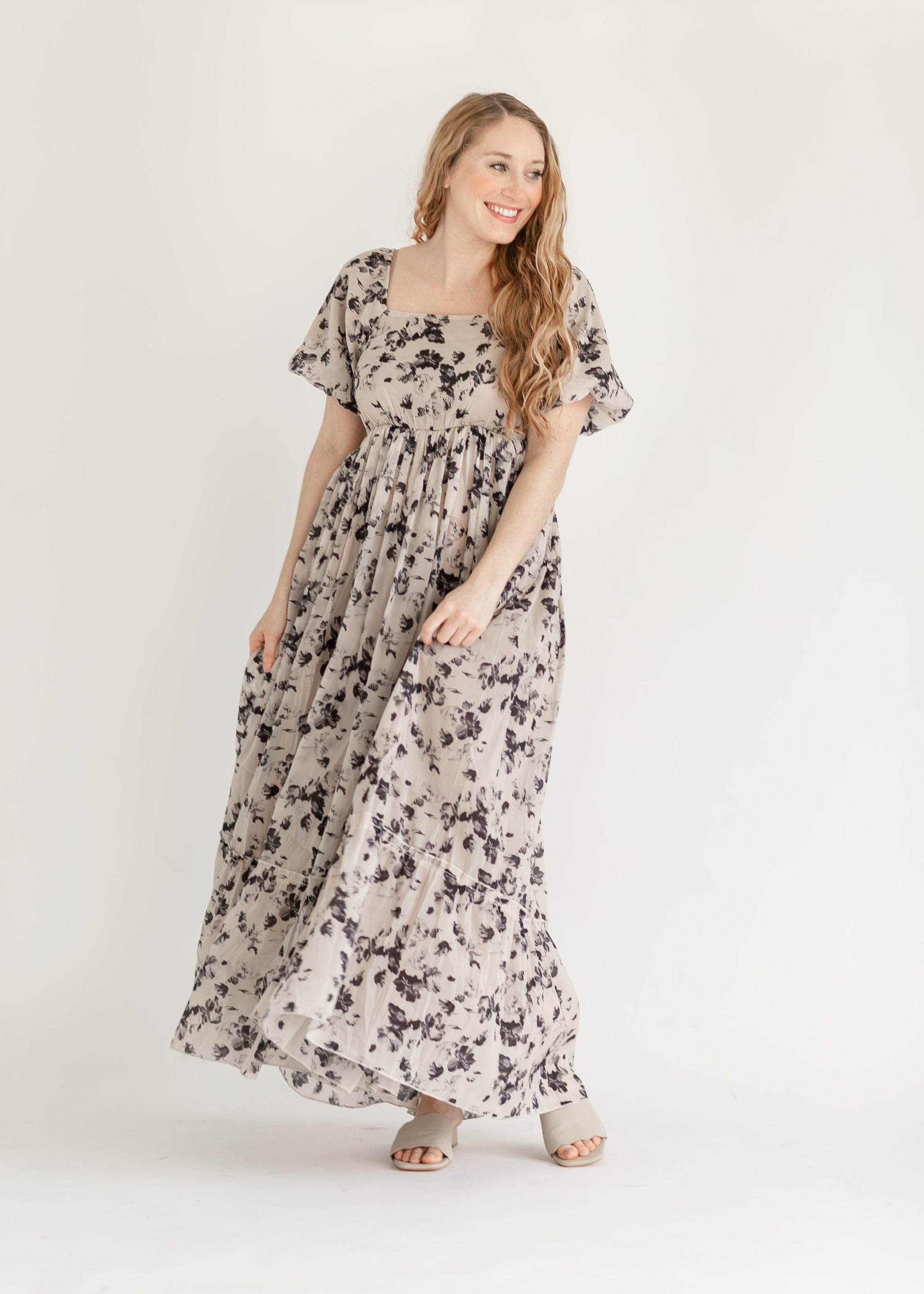 Dove Floral Neck Puff Sleeve Maxi Dress FF Dresses