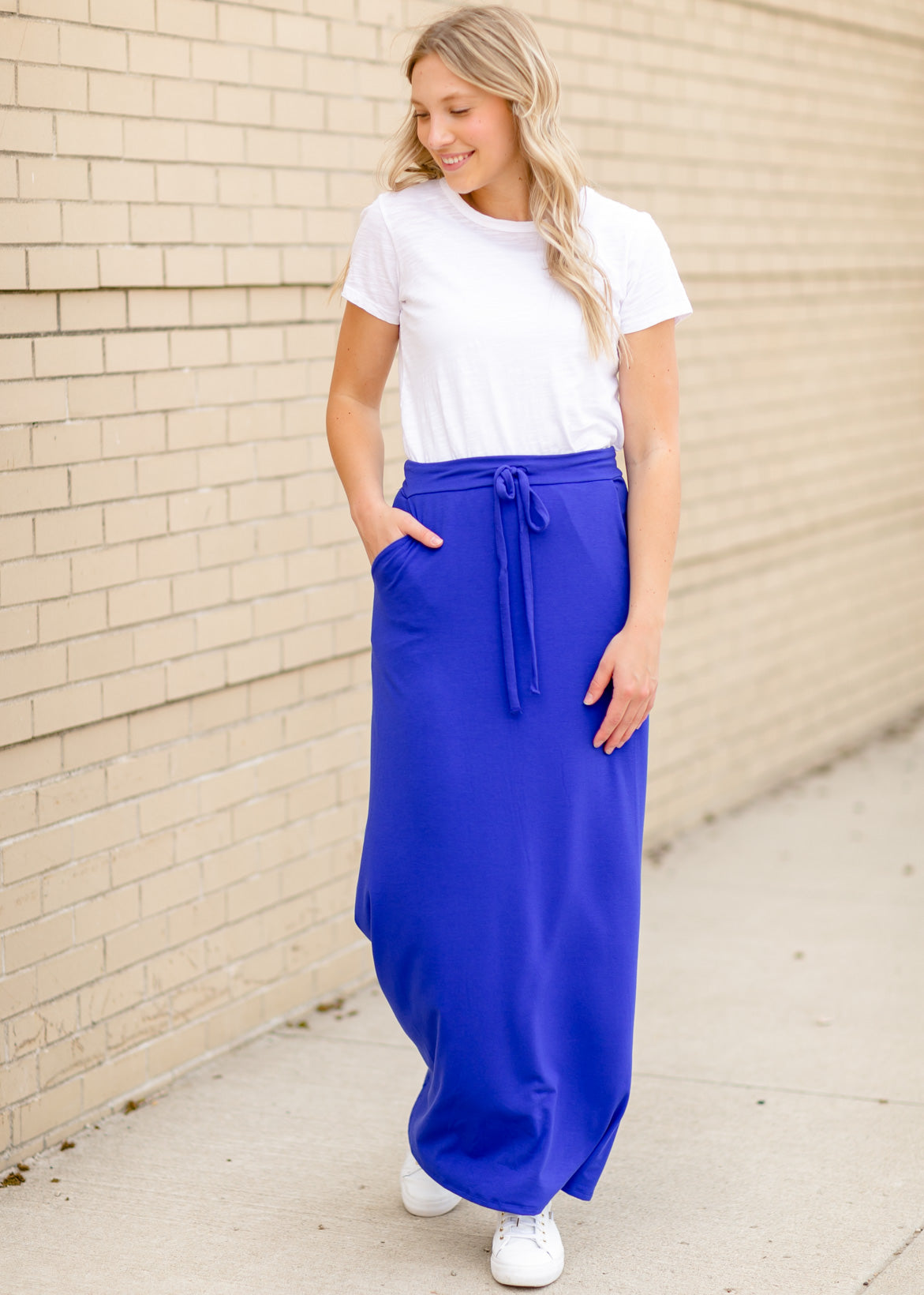 Drawstring A-line Maxi Skirt Skirts Blue / S