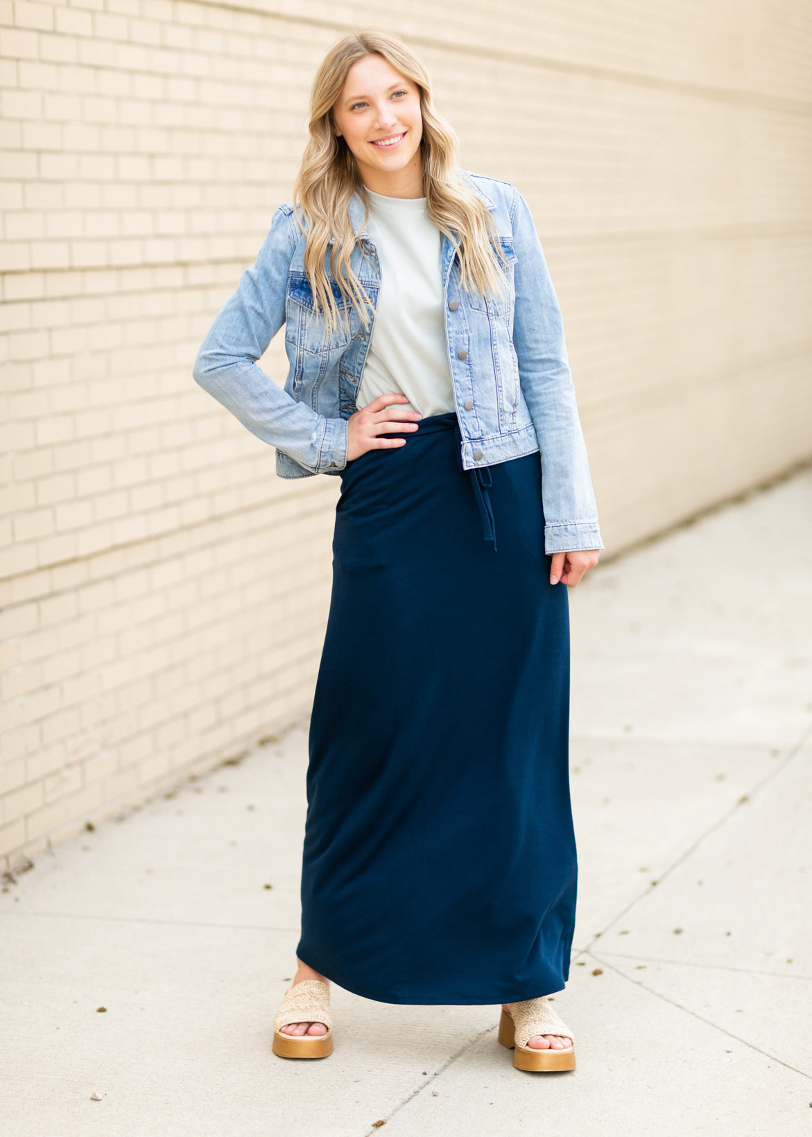 Drawstring A-line Maxi Skirt Skirts Navy / S