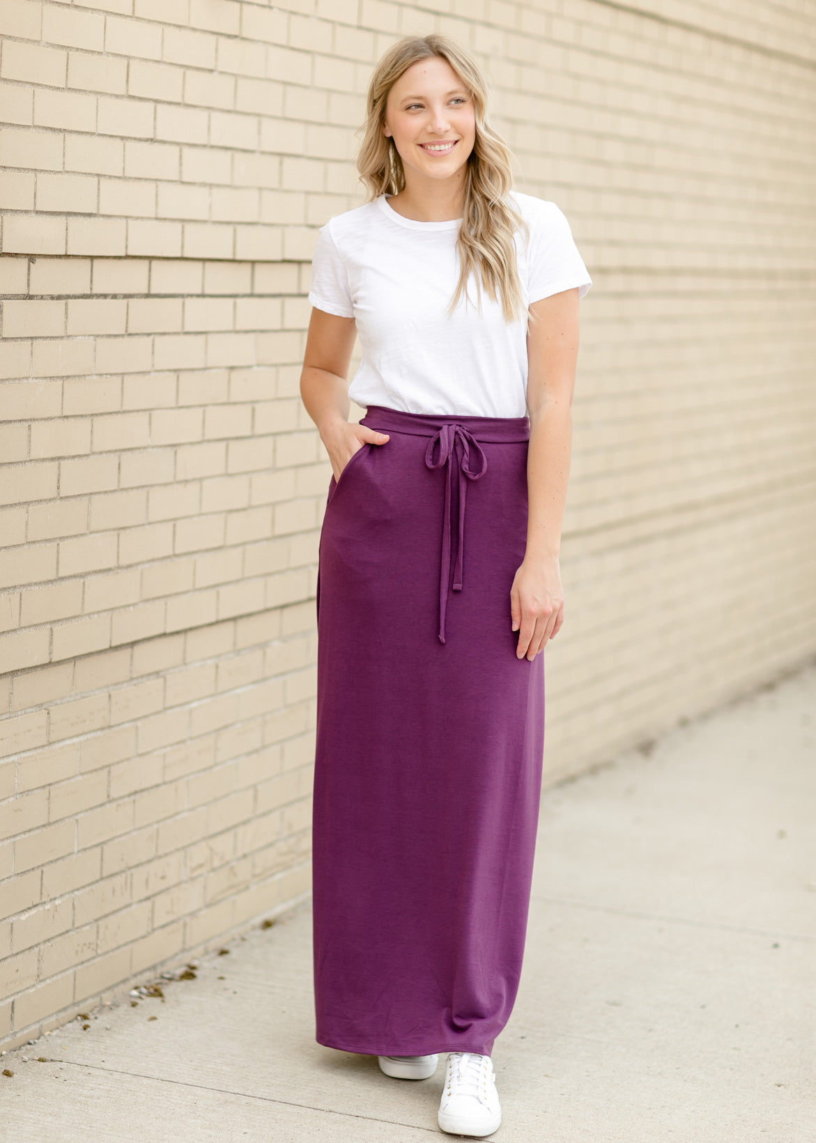 Drawstring A-line Maxi Skirt Skirts Purple / S