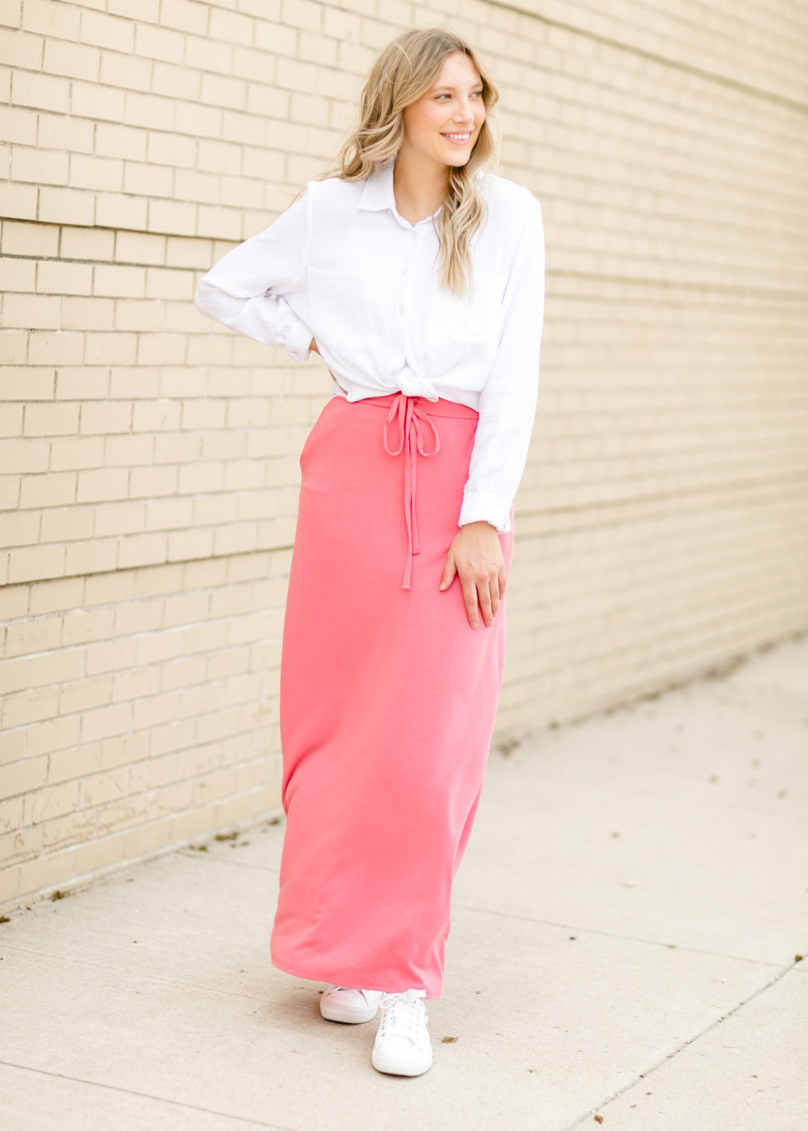 Drawstring A-line Maxi Skirt Skirts Rose / S