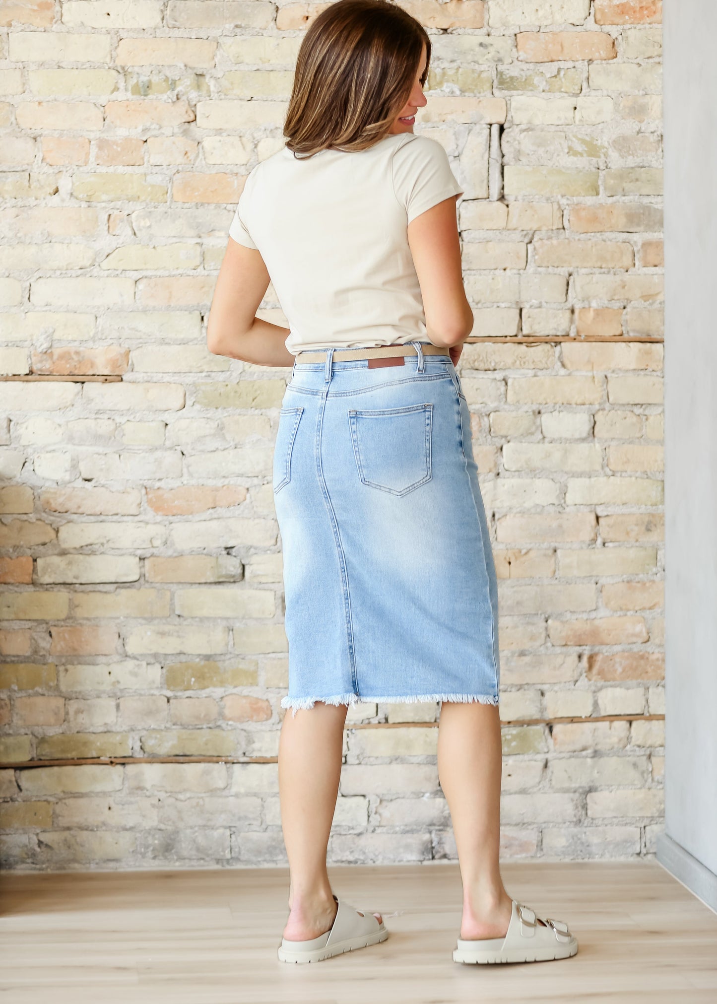 Drew Raw Hem Midi Denim Skirt IC Skirts