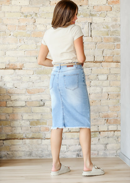 Drew Raw Hem Midi Denim Skirt IC Skirts
