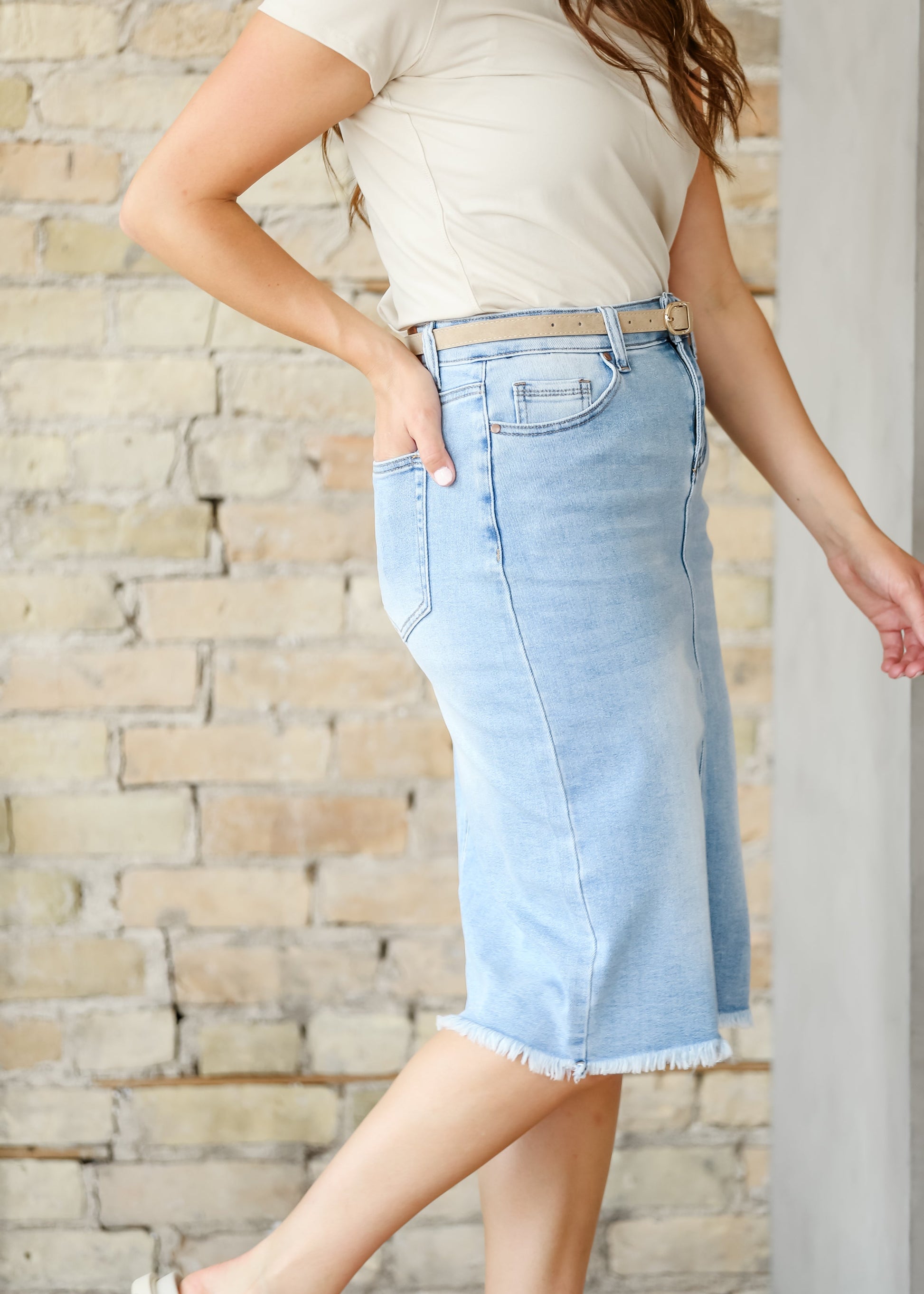 Drew Raw Hem Midi Denim Skirt IC Skirts
