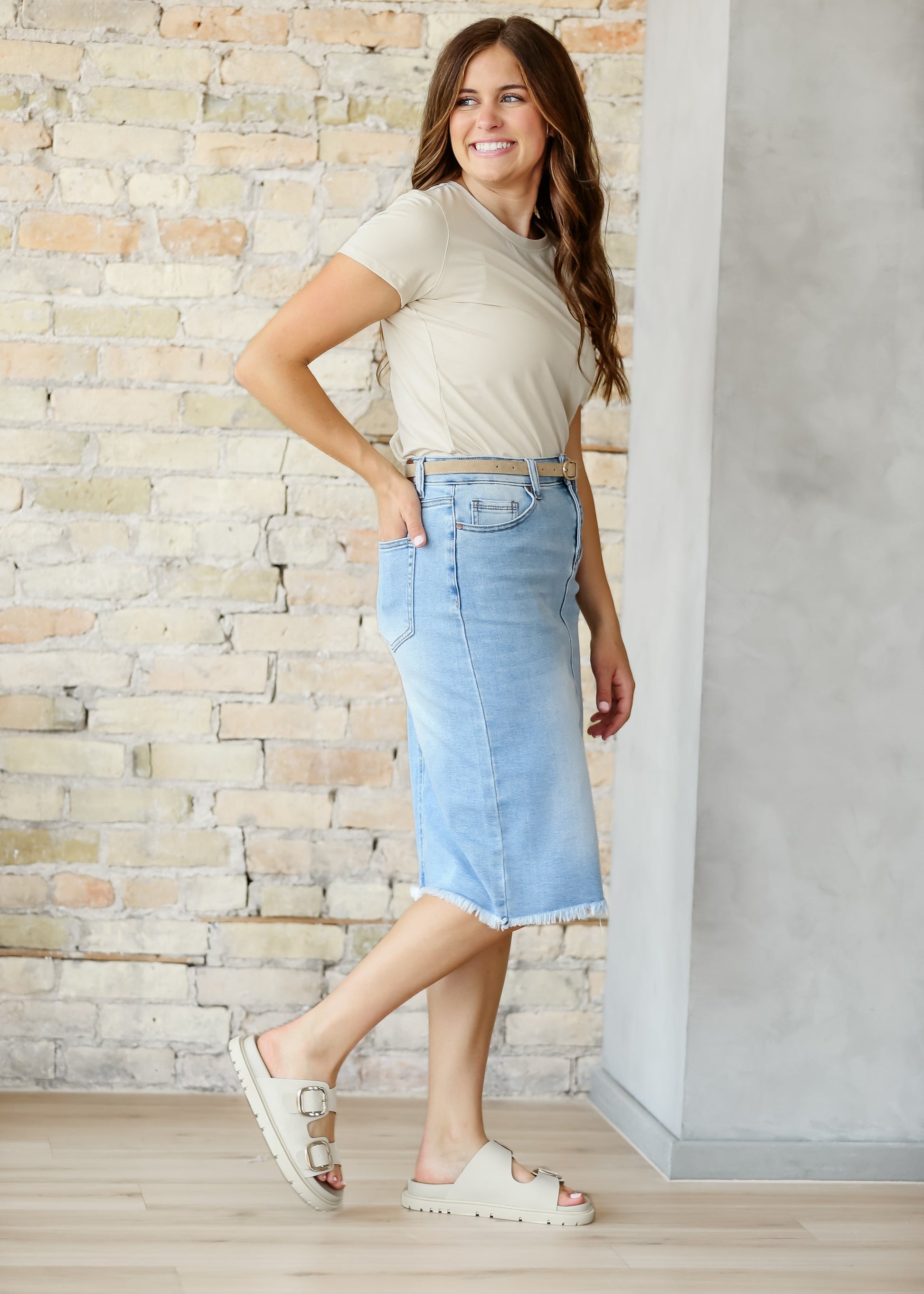 Drew Raw Hem Midi Denim Skirt IC Skirts