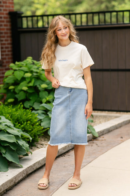 Drew Raw Hem Midi Denim Skirt IC Skirts
