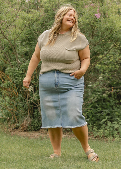Drew Raw Hem Midi Denim Skirt IC Skirts