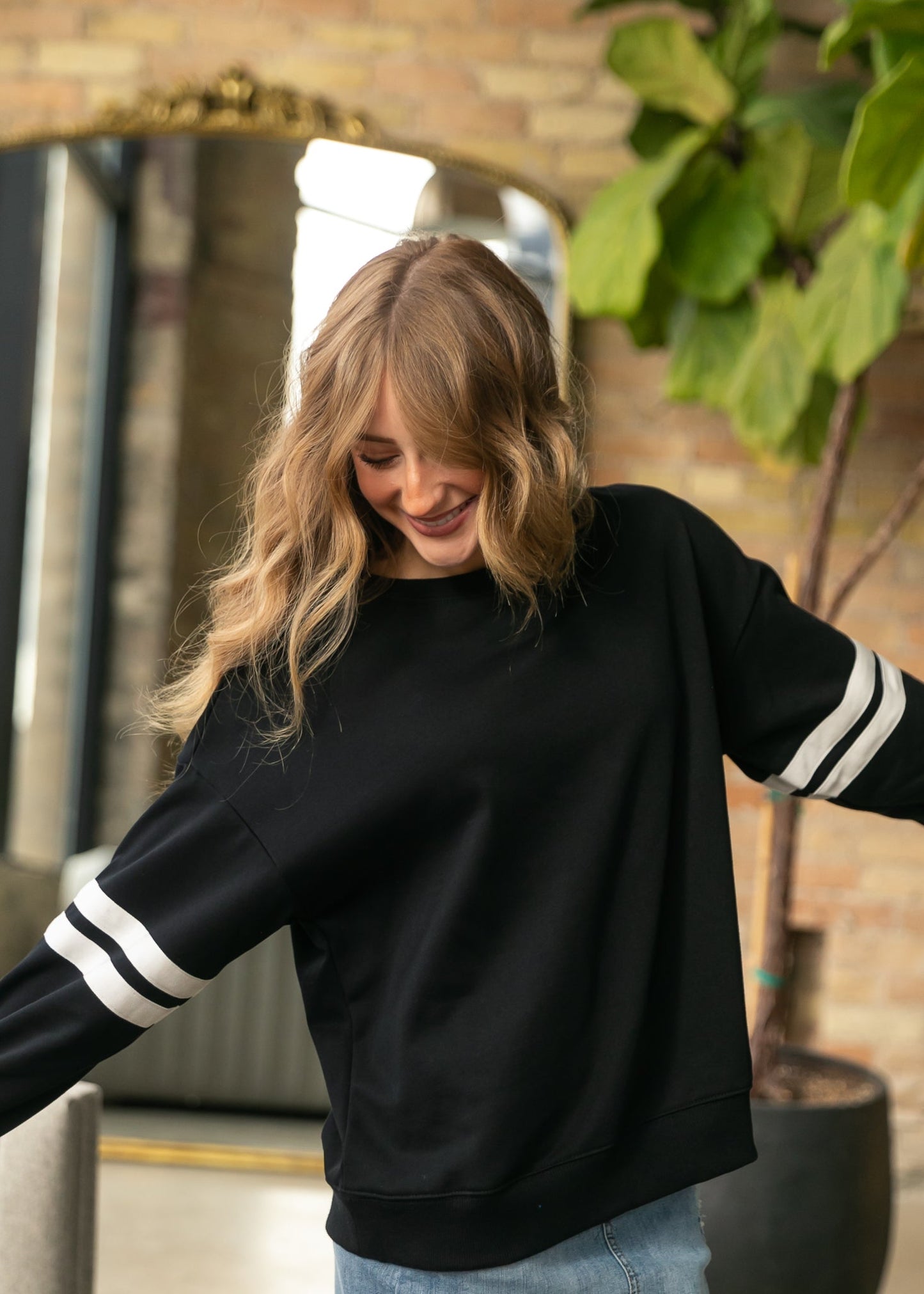 Drop Shoulder Varsity Stripe Pullover FF Tops