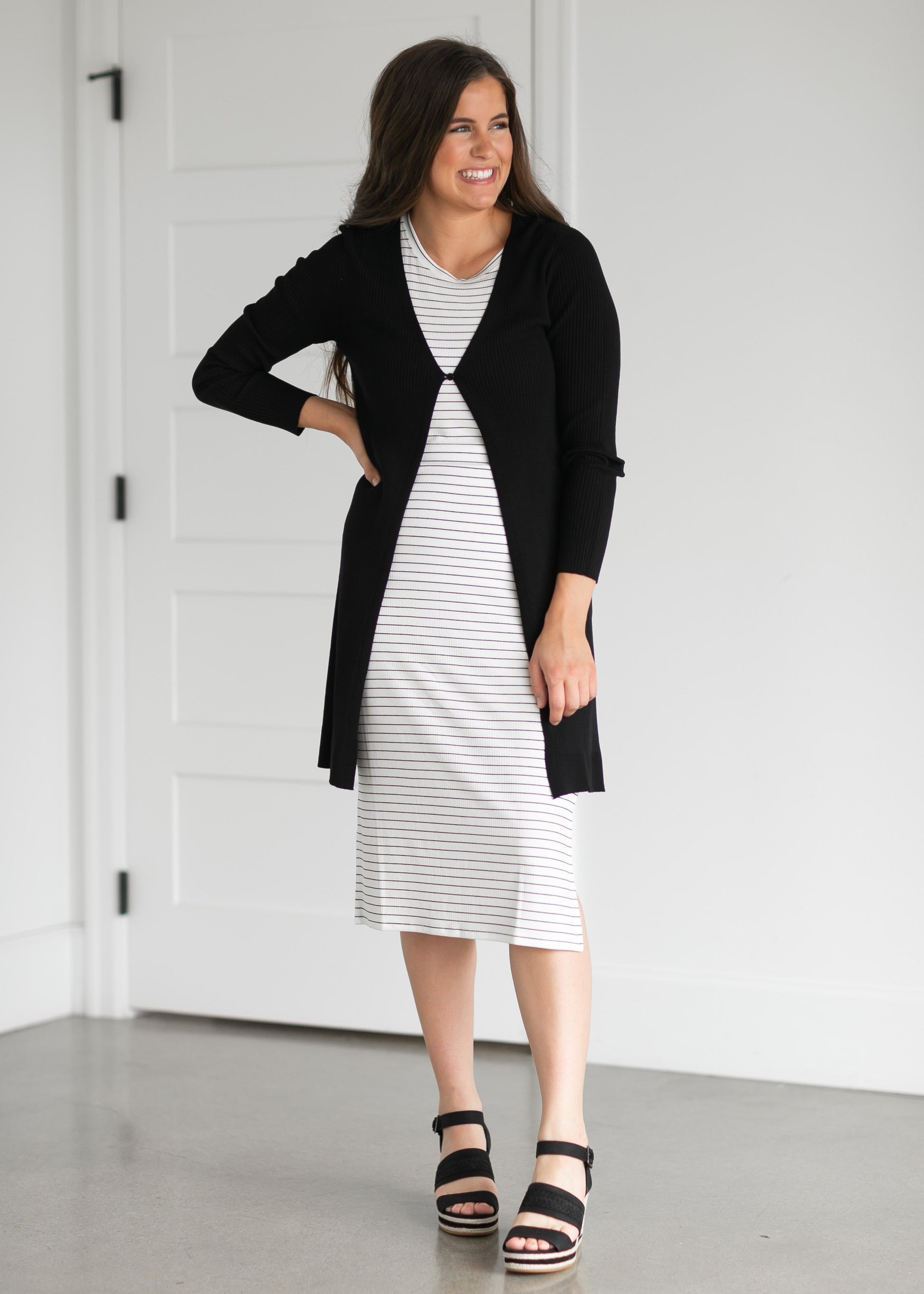 Duster Single Button Ribbed Cardigan Tops Black / S