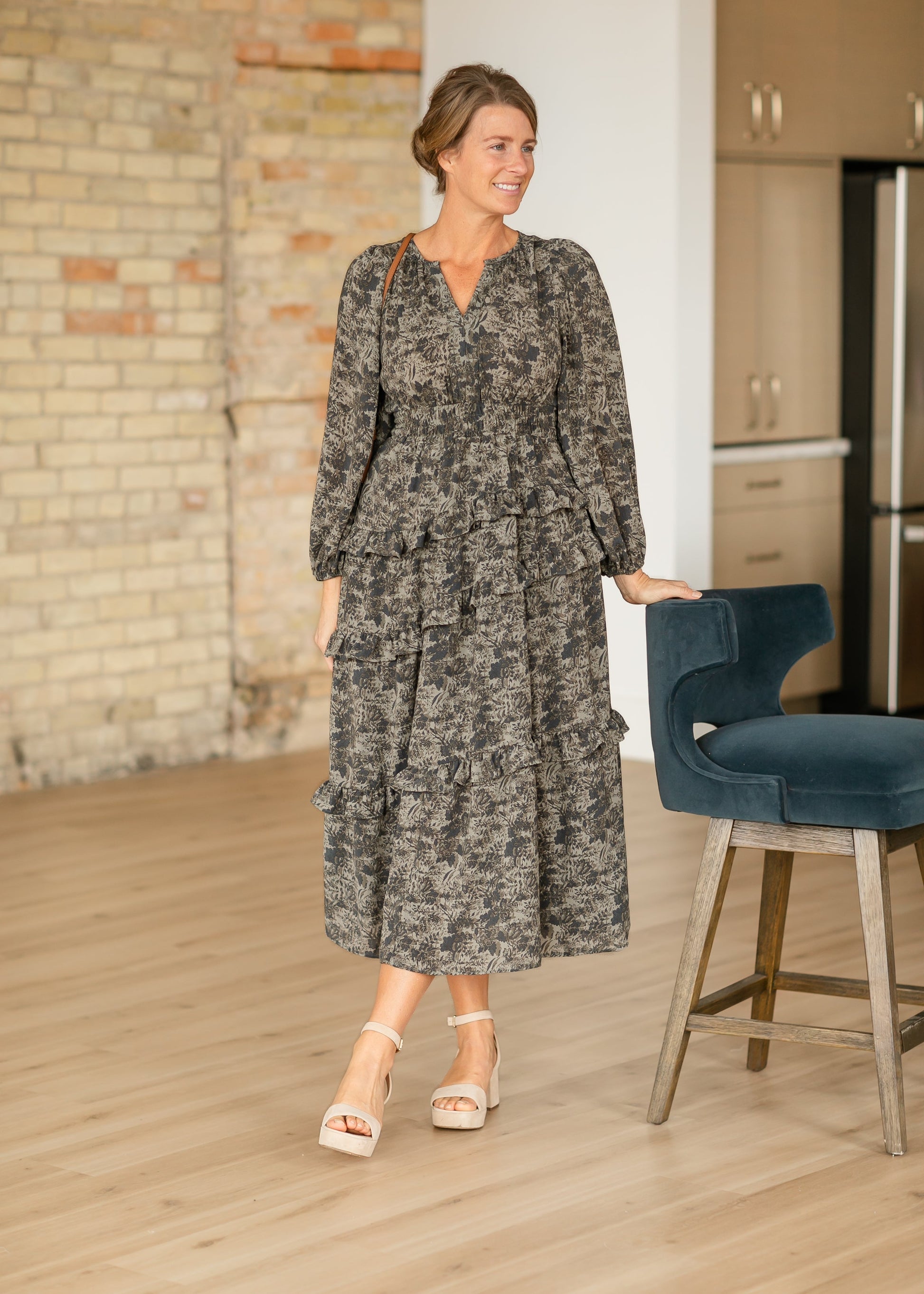 Dusty Olive Vintage Floral Maxi Dress