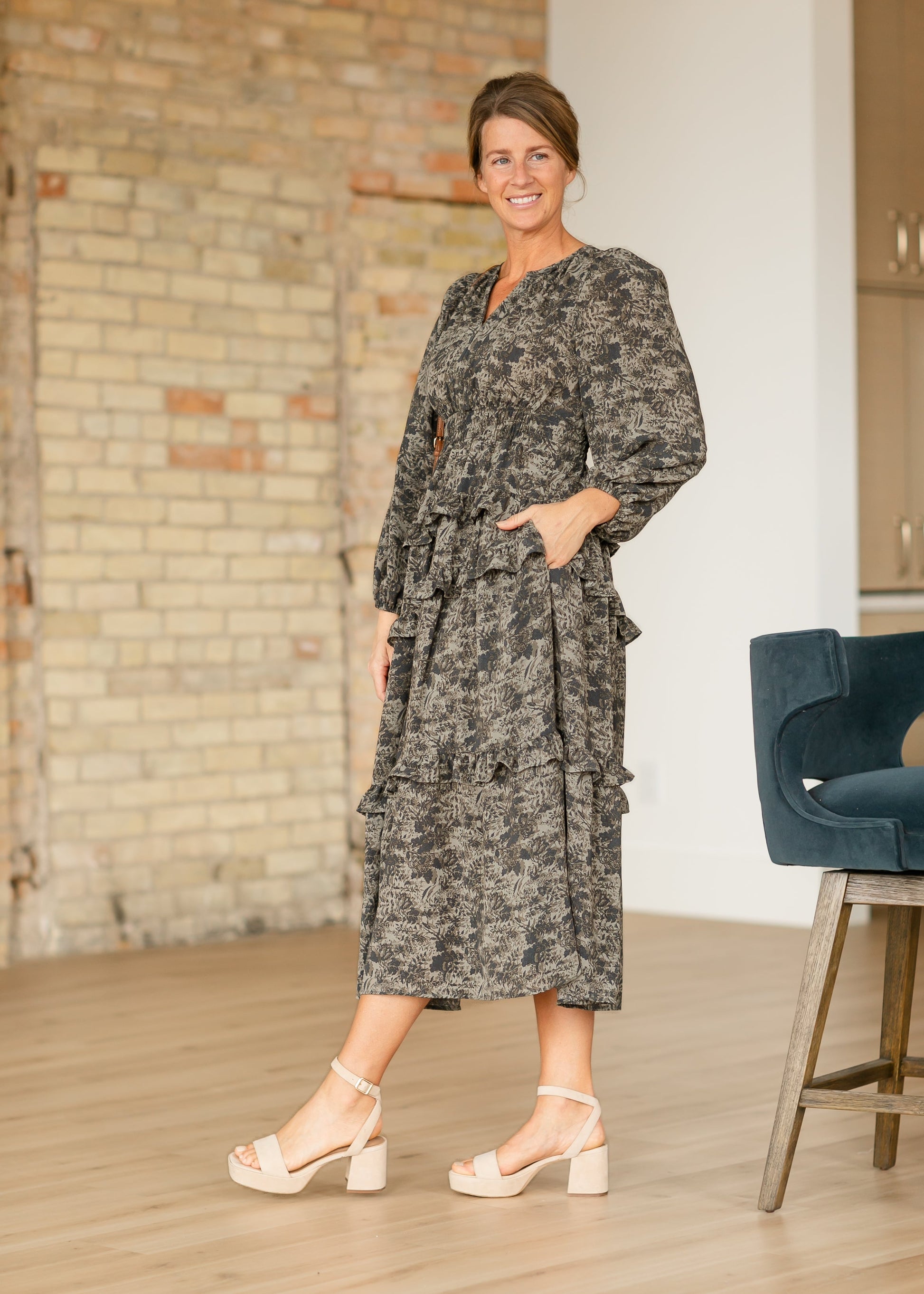 Dusty Olive Vintage Floral Maxi Dress