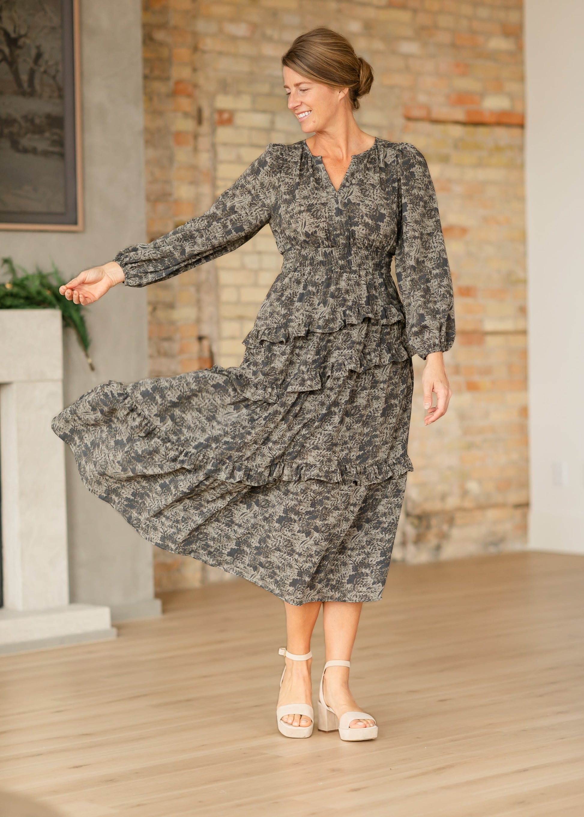 Dusty Olive Vintage Floral Maxi Dress