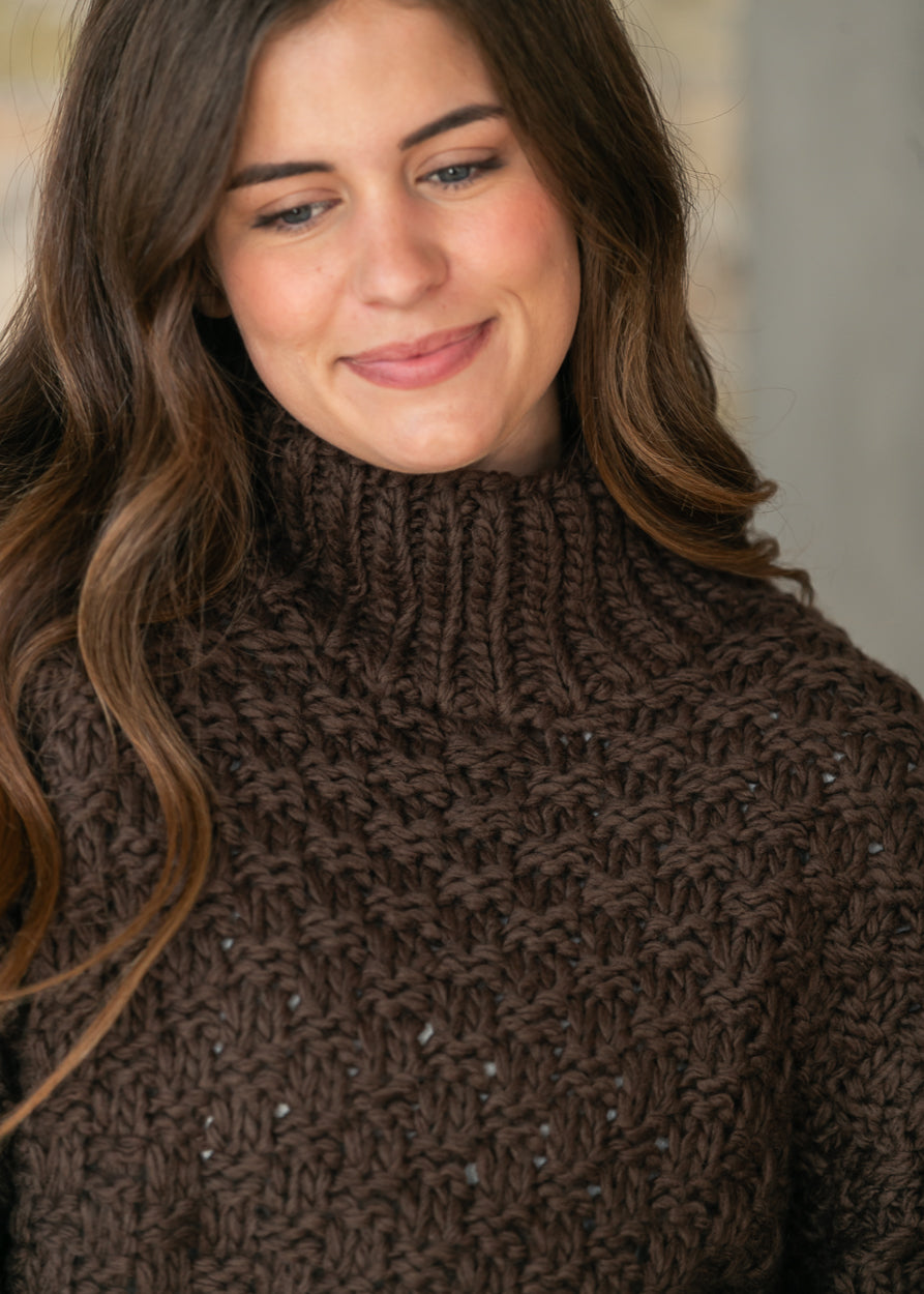 Elan Espresso Mock Neck Bubble Knit Sweater FF Tops