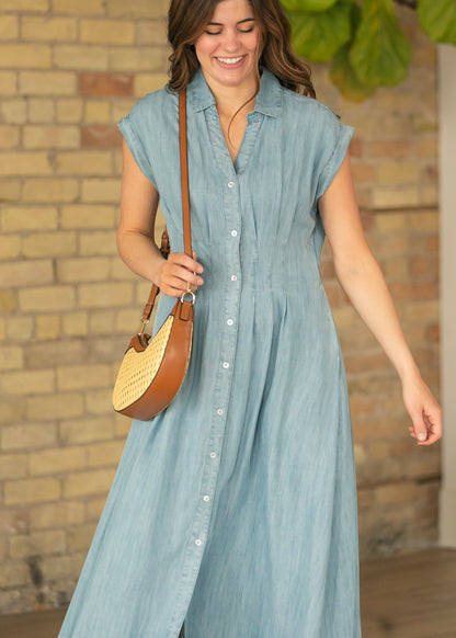 elan Pleated Waist Maxi Shirt Dress FF Dresses