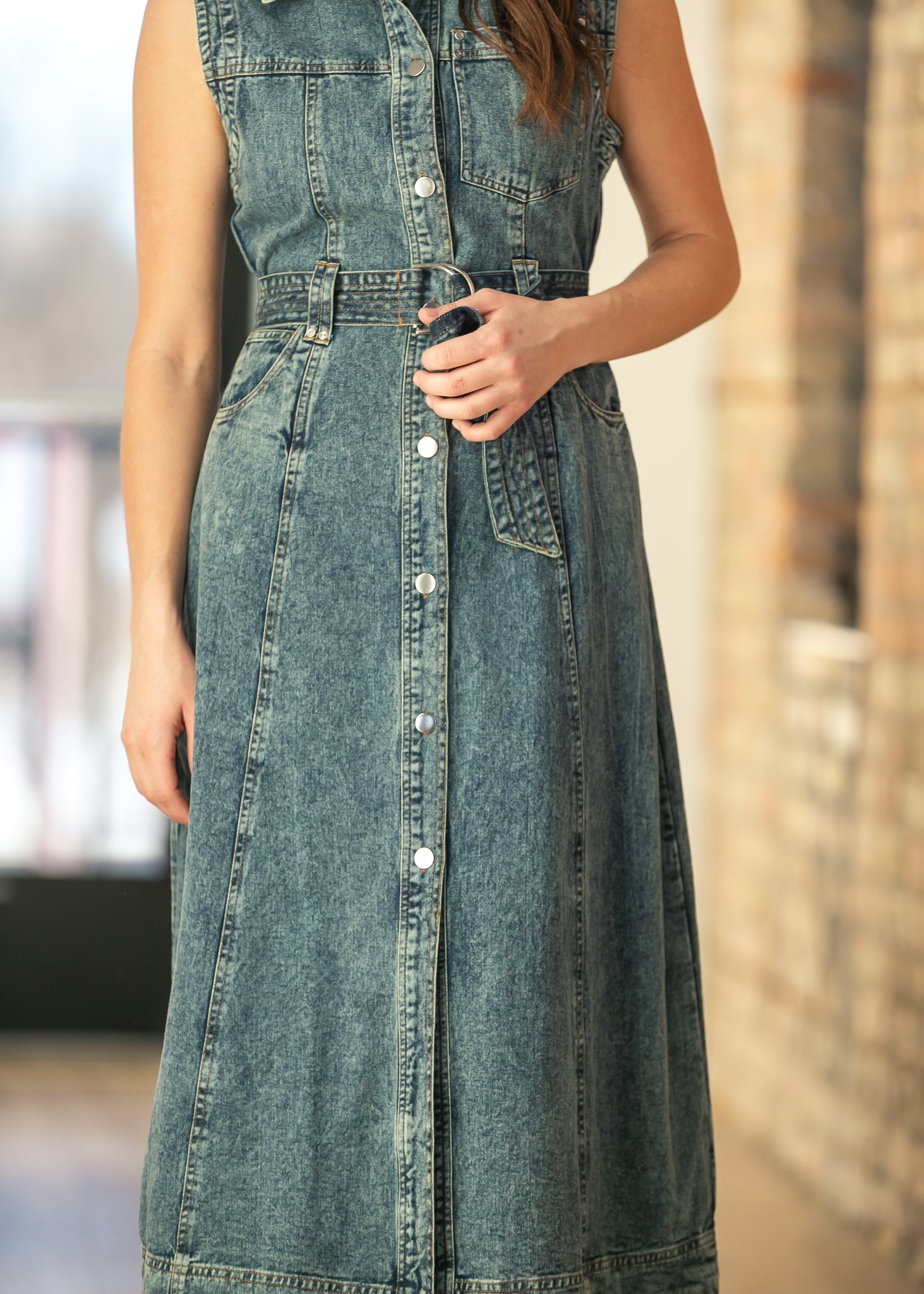 elan Sleeveless Belted Button Up Maxi Dress FF Dresses