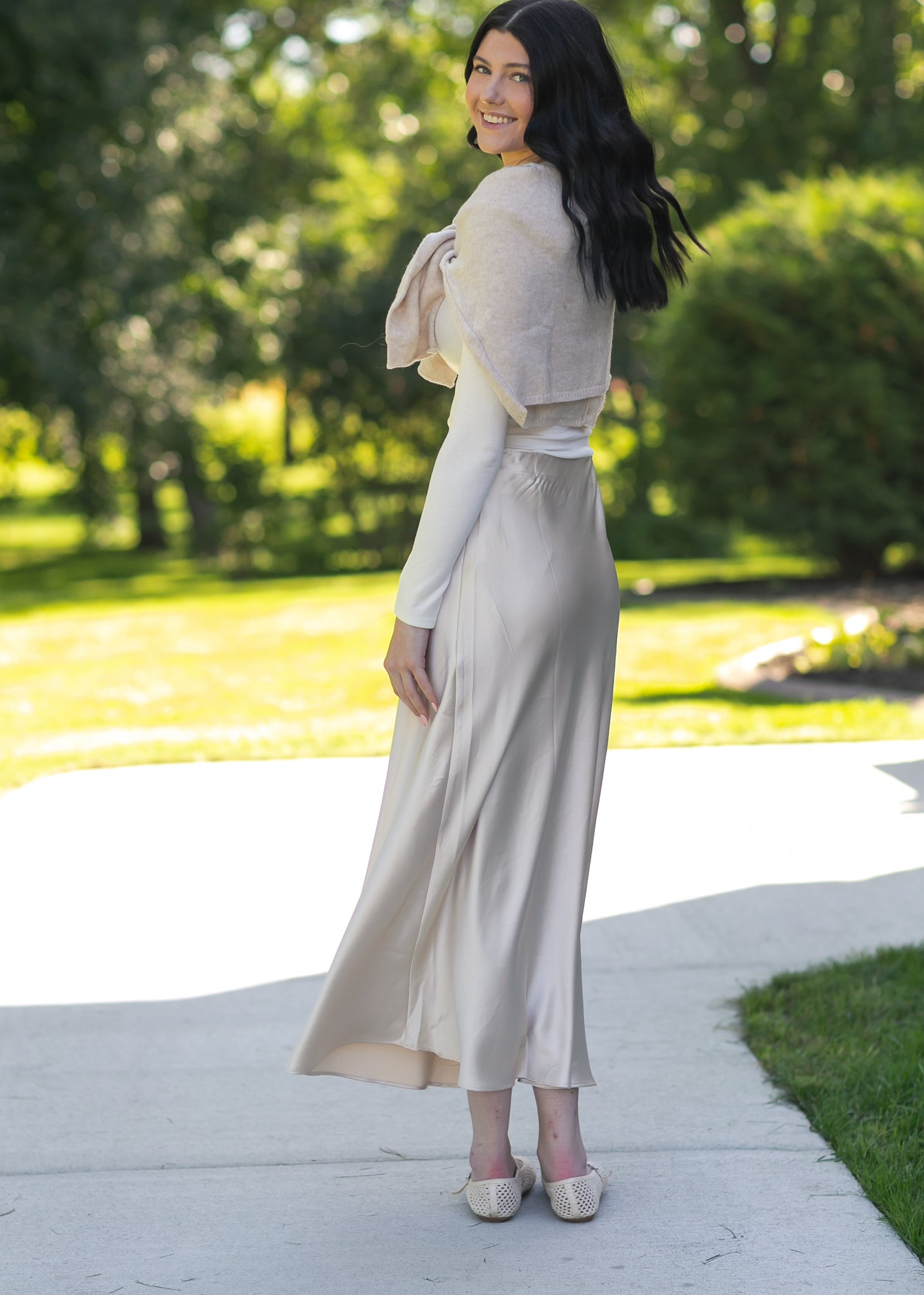 Elastic Waist Satin Maxi Skirt FF Skirts