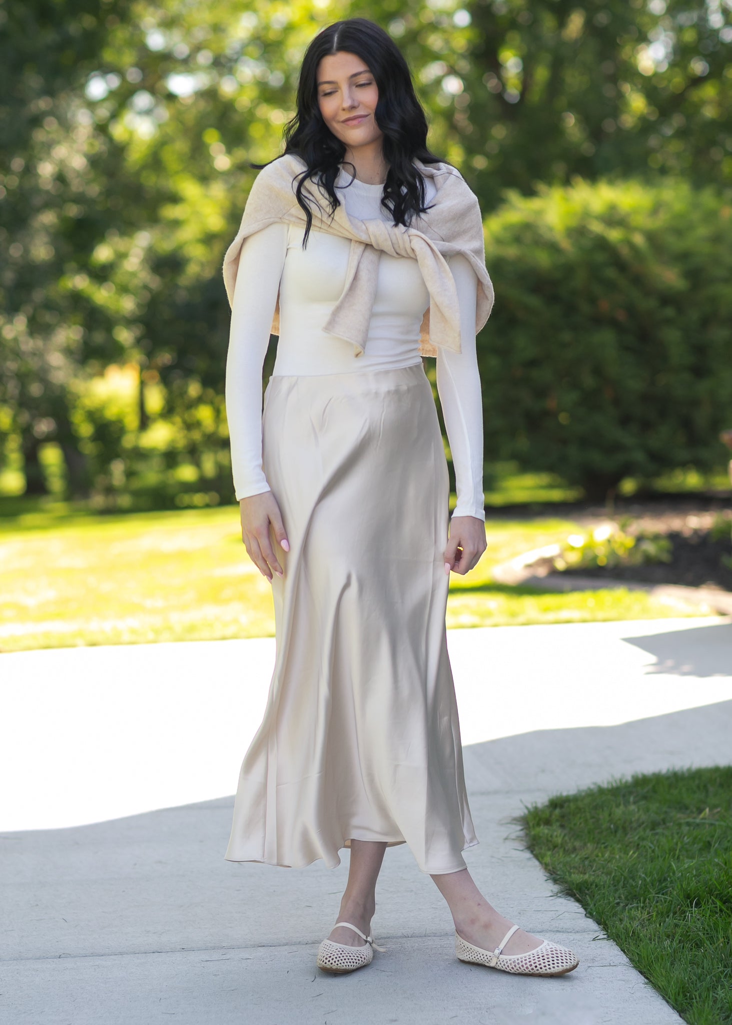 Elastic Waist Satin Maxi Skirt FF Skirts Ivory / S
