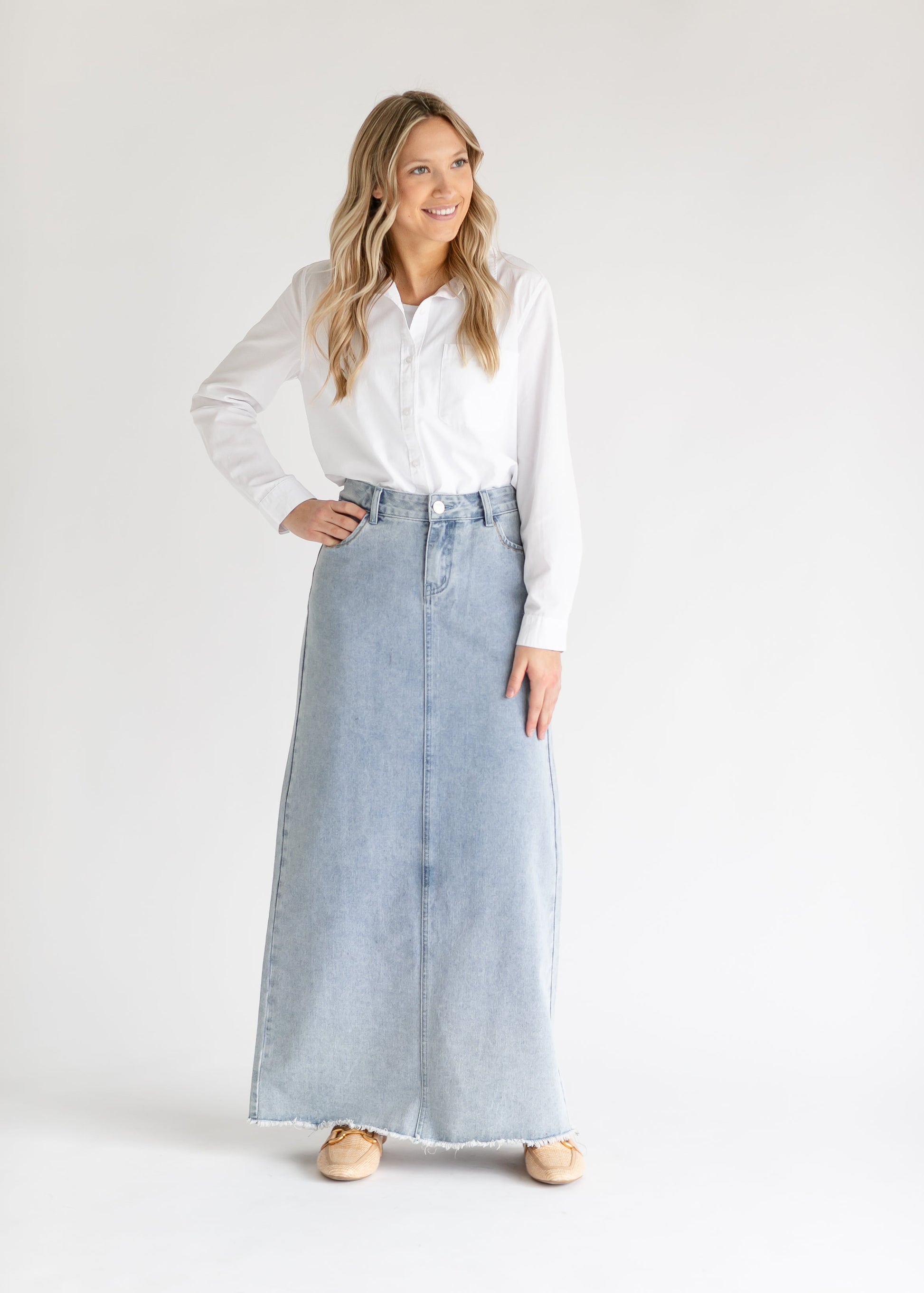 Elisha Light Wash Long Denim Skirt – Inherit