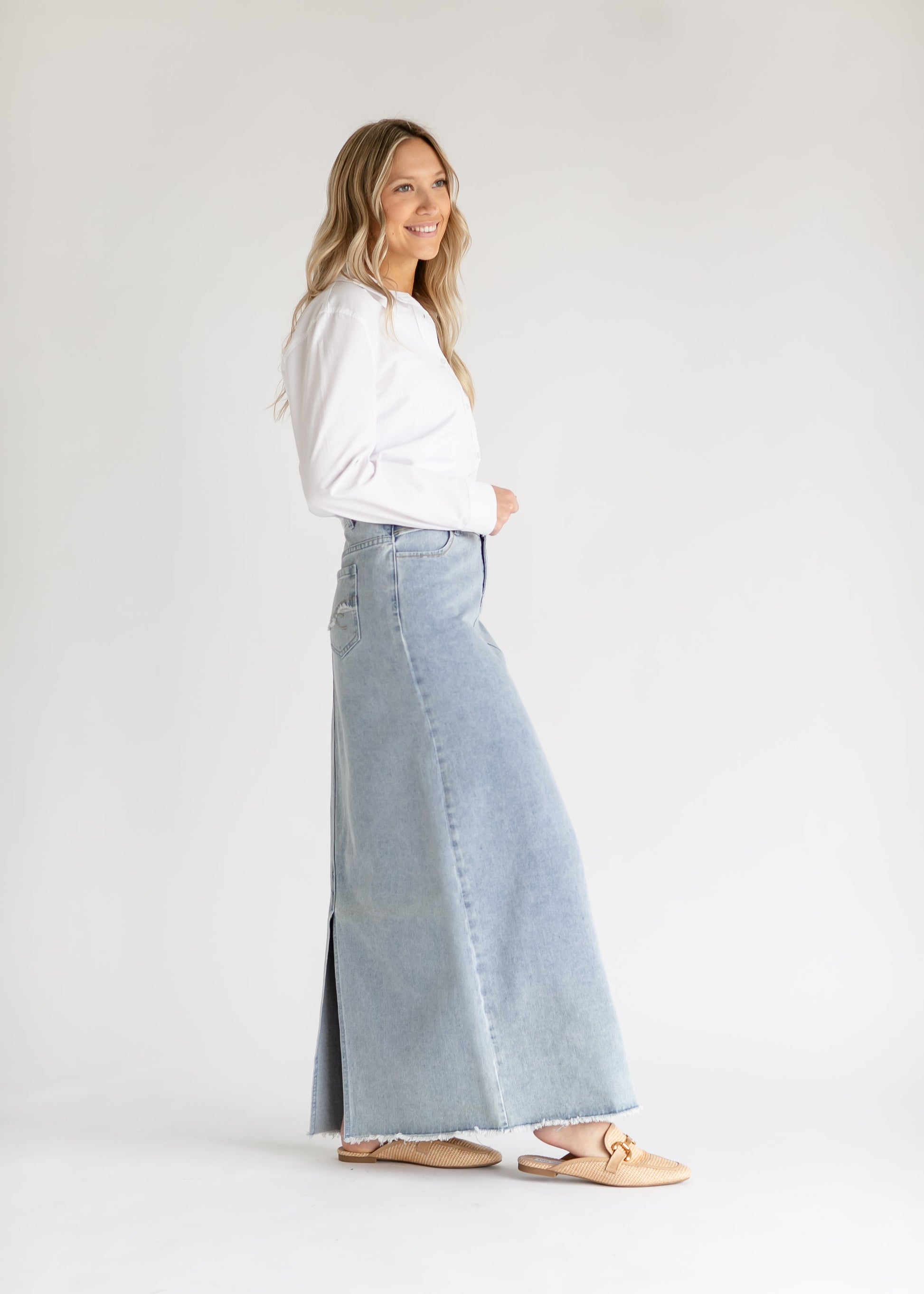 Elisha Light Wash Long Denim Skirt IC Skirts