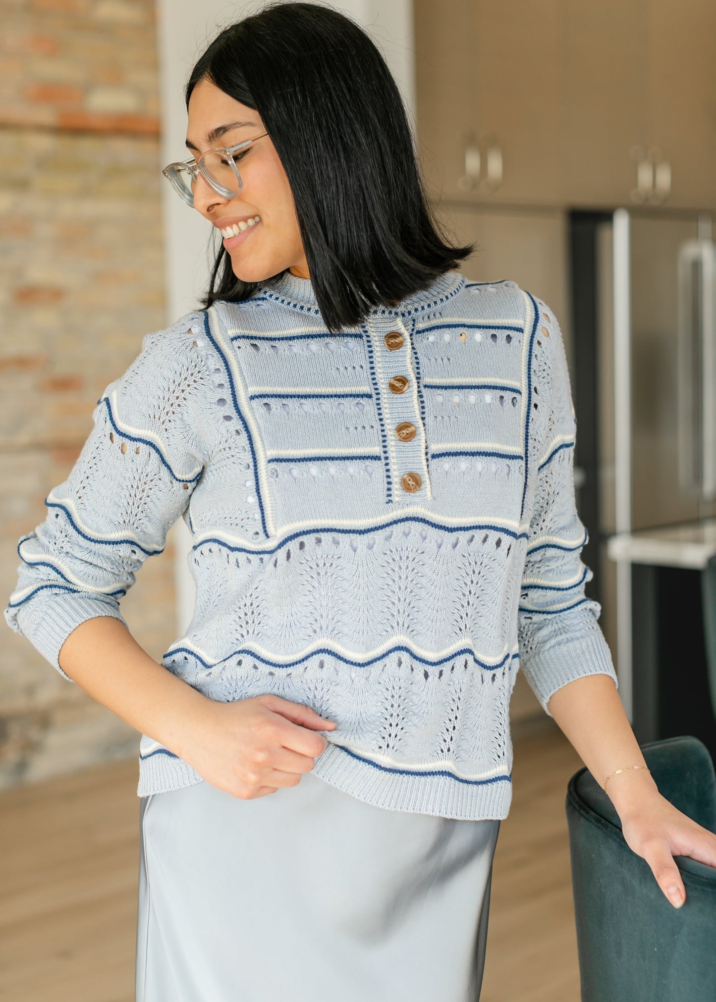 Elora Blue Quarter Button Sweater FF Tops