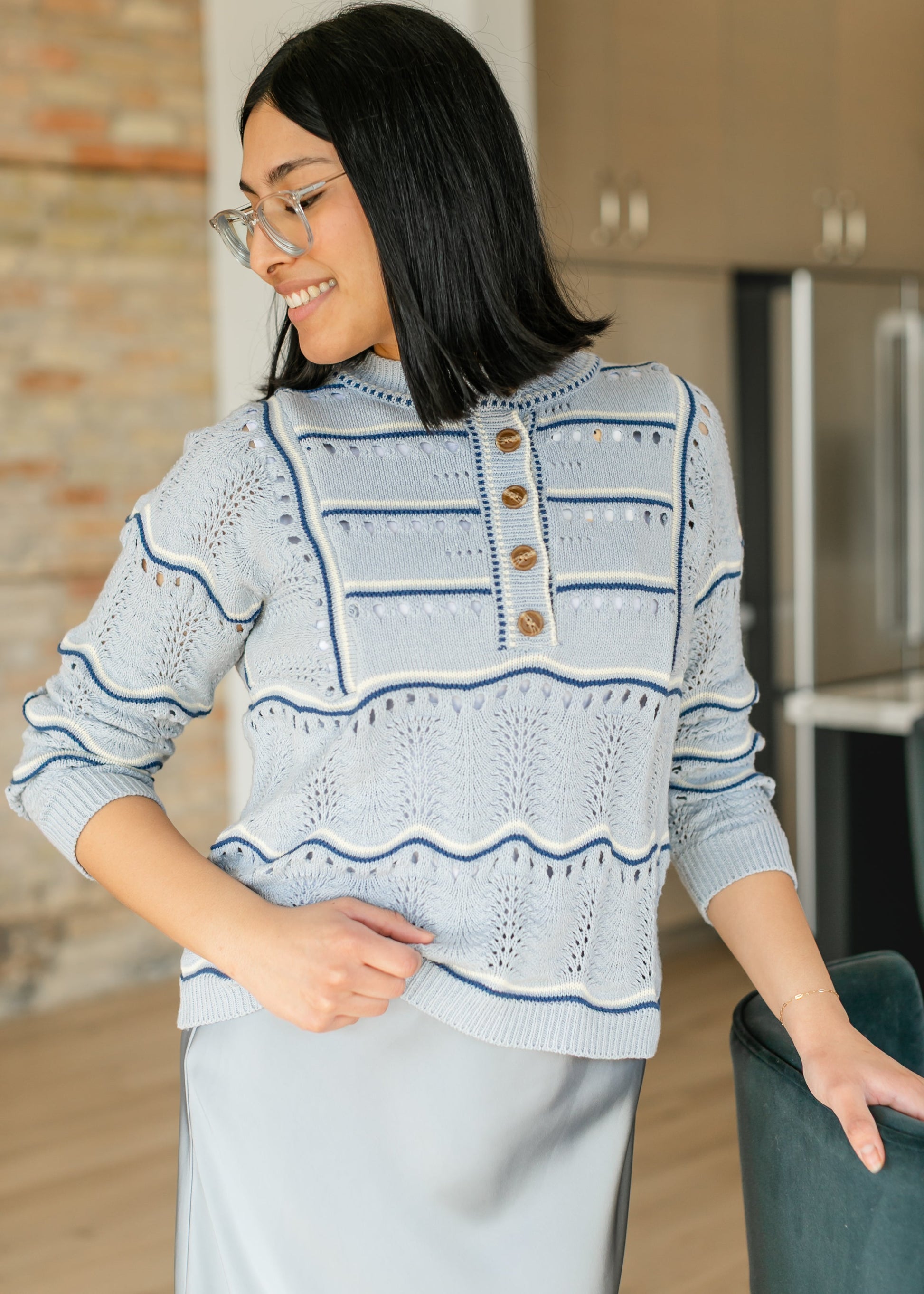 Elora Blue Quarter Button Sweater FF Tops