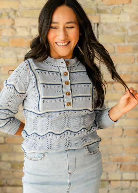 Elora Blue Quarter Button Sweater FF Tops