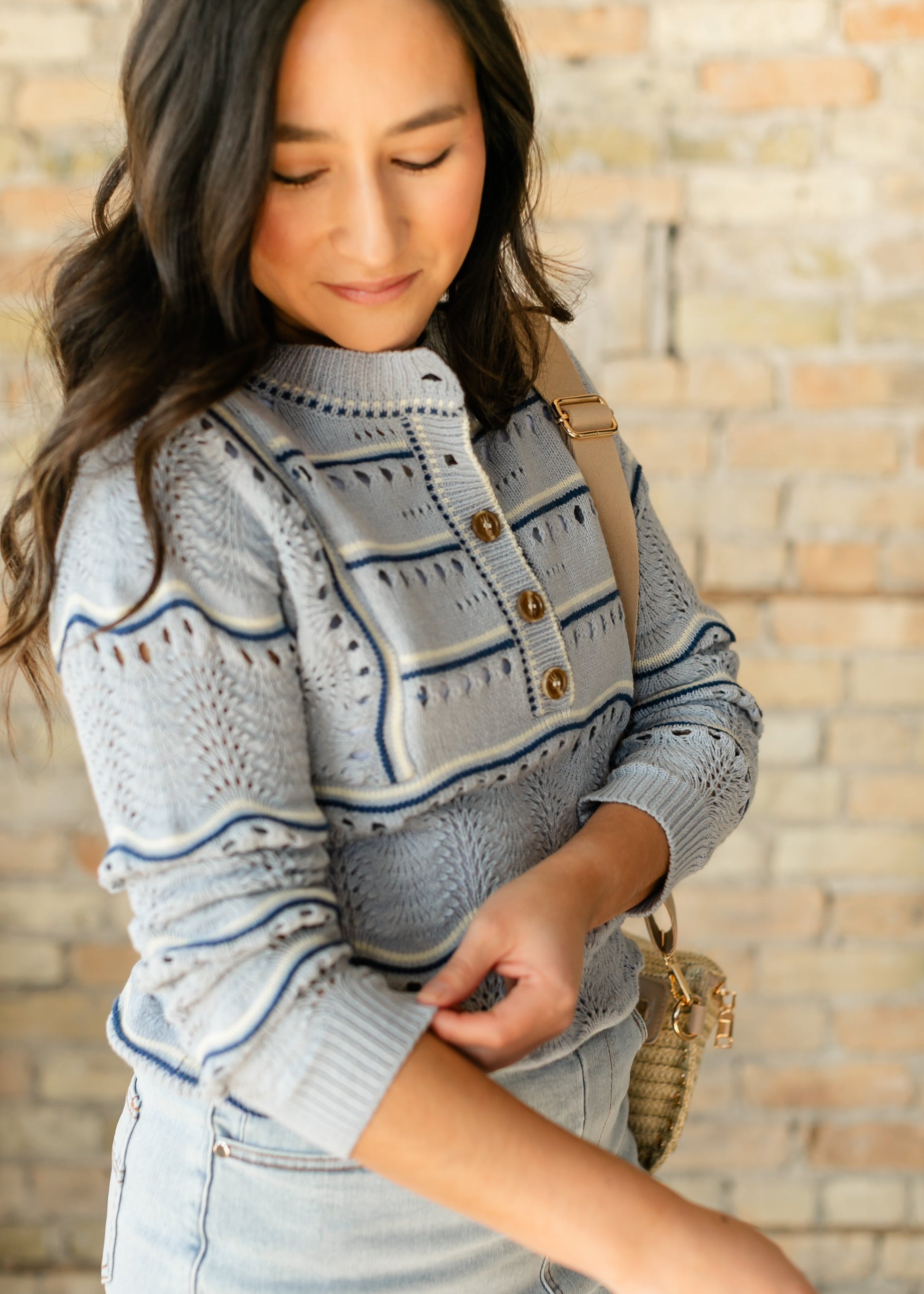 Elora Blue Quarter Button Sweater FF Tops
