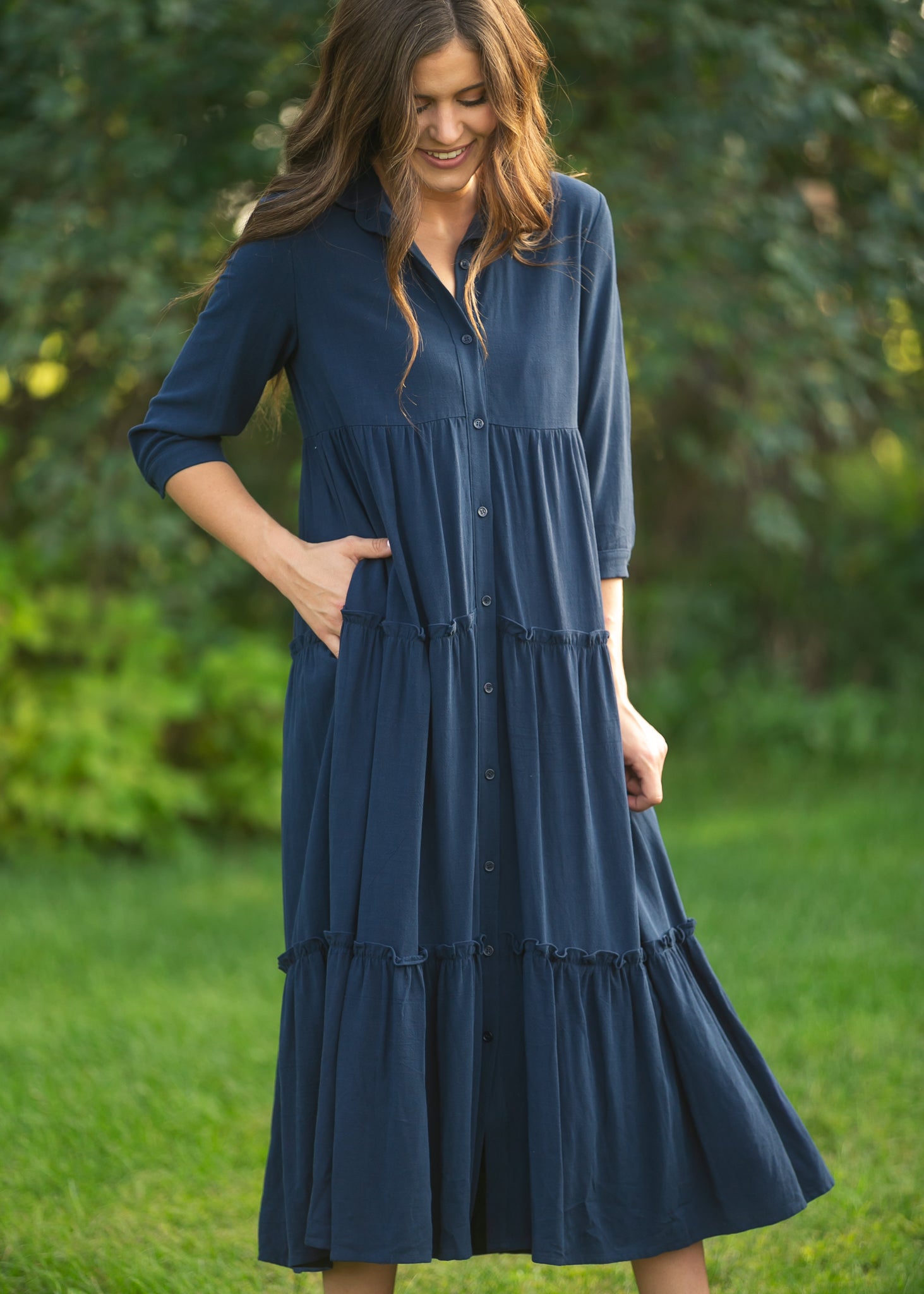 midi dress buttoned fron neck Elsie Button Front Midi Dress, Medium