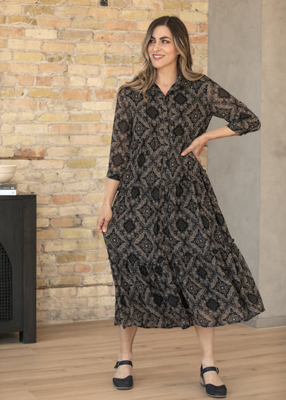 Front of Elsie paisley dress showing the V-neck, button front, and tiered skirt.