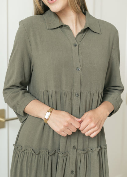 Close-up of olive midi dress showing the V-neck and functional button front.