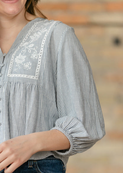 Embroidered Button Up Woven Top FF Tops