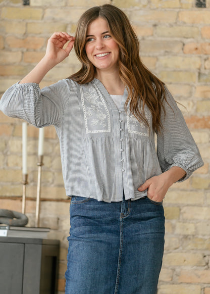 Embroidered Button Up Woven Top FF Tops