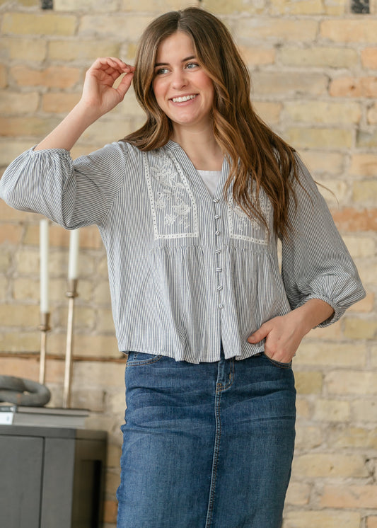 Embroidered Button Up Woven Top FF Tops