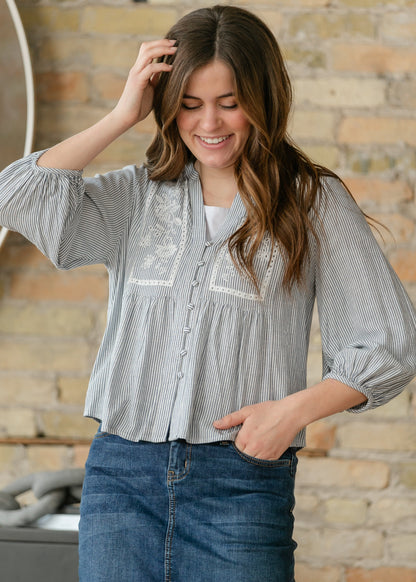 Embroidered Button Up Woven Top FF Tops