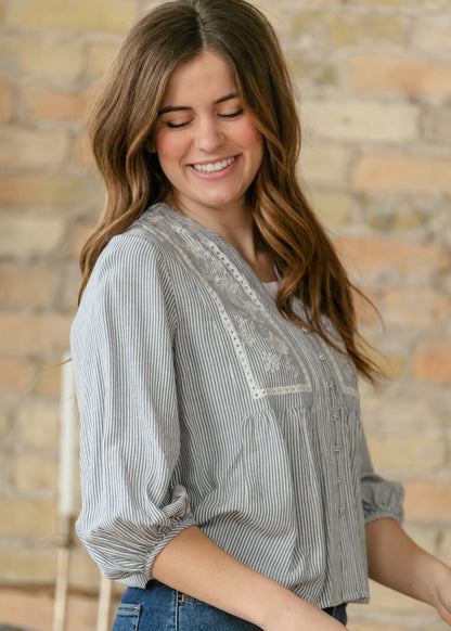 Embroidered Button Up Woven Top FF Tops